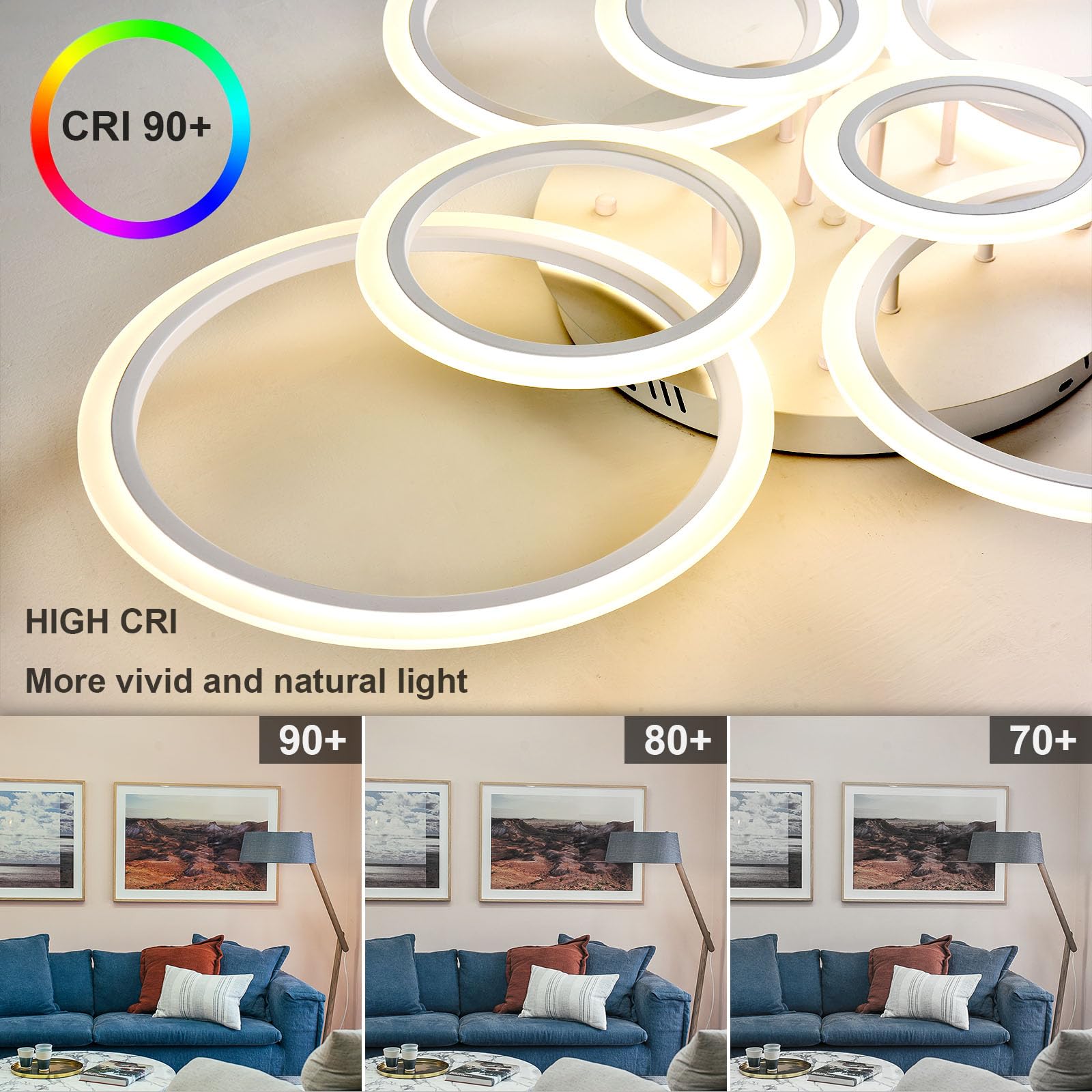 41 Inch Modern LED Flush Mount Ceiling Light - Dimmable 8 Ring White Fixture with Remote Control for Living Room, Bedroom, Kitchen & Dining Room | Perfect for Ambient Lighting and Home Decor
