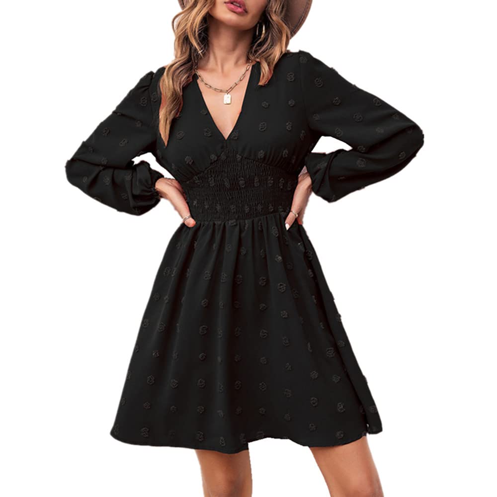 Women's V-Neck Long Sleeve Tunic Dress - High Waist Polka Dot Swing Mini Dress for Spring & Summer | Casual Flowy Dress for Work, Date Night & Outdoor Activities