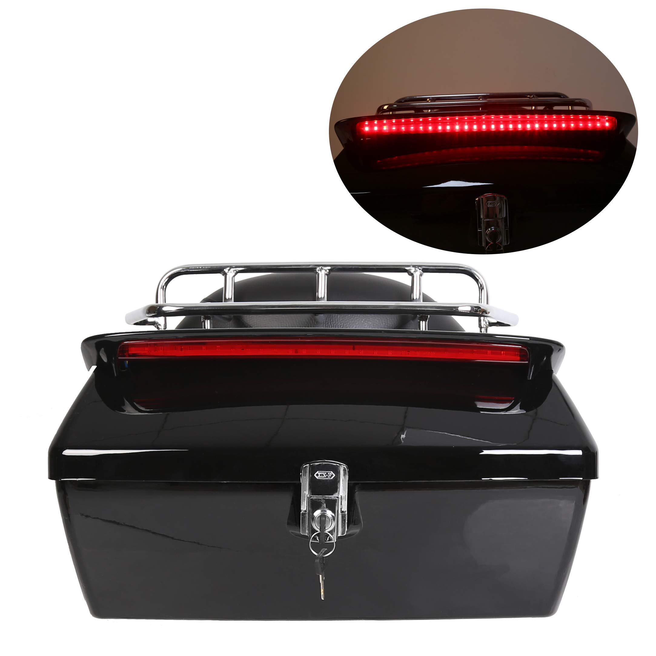 KUAFU Universal Motorcycle Trunk Tour Pack - Fits Yamaha, Honda, Harley Davidson, Suzuki & Vulcan - Black Hard Luggage Tail Box with Backrest & LED Tail Light - Perfect for Long Distance Riding, Commuting & Road Trips