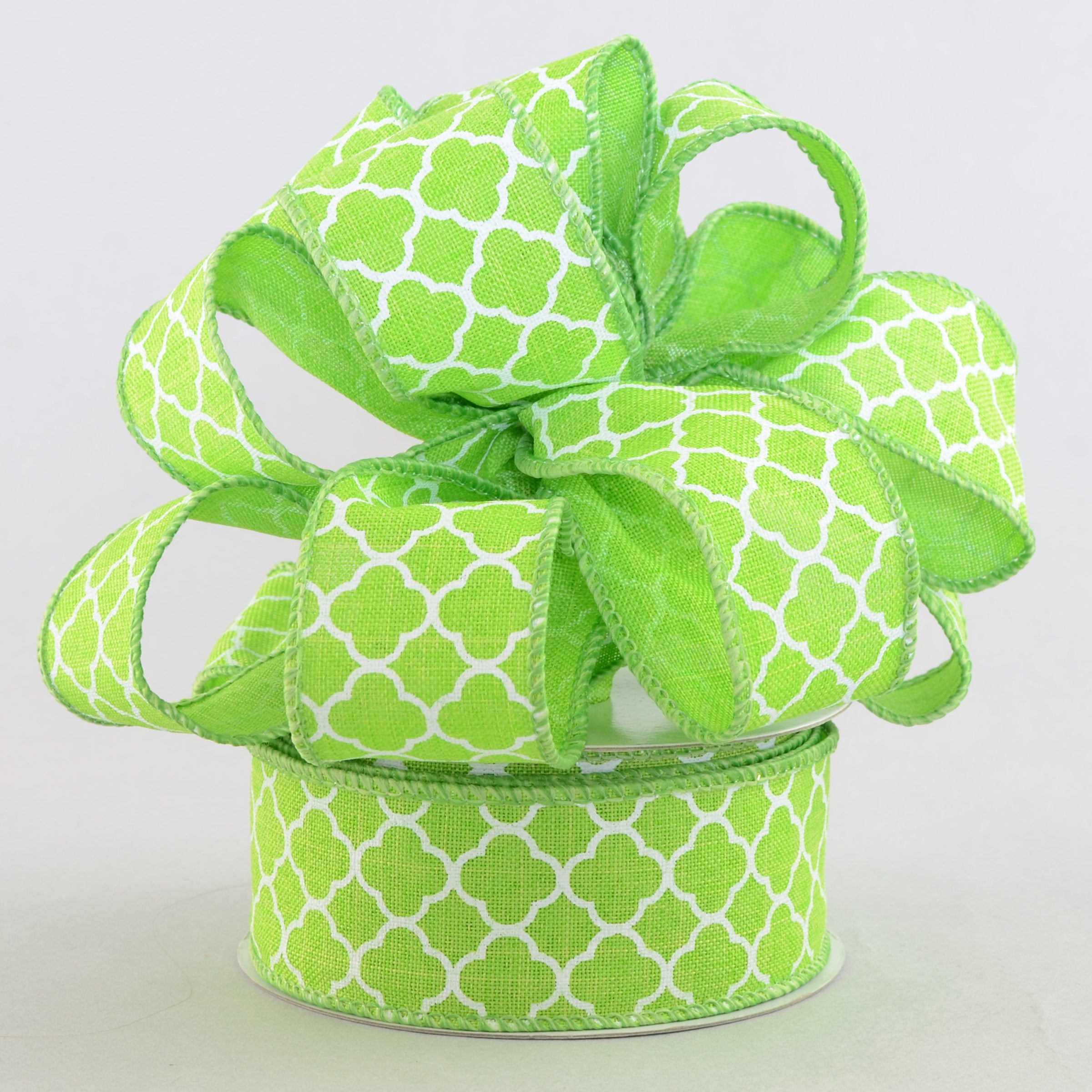 1.5 Inch Quatrefoil Ribbon in Lime Green & White - 10 Yards Bulk Roll for Gift Wrapping, Crafts, Wedding Decorations, and DIY Projects