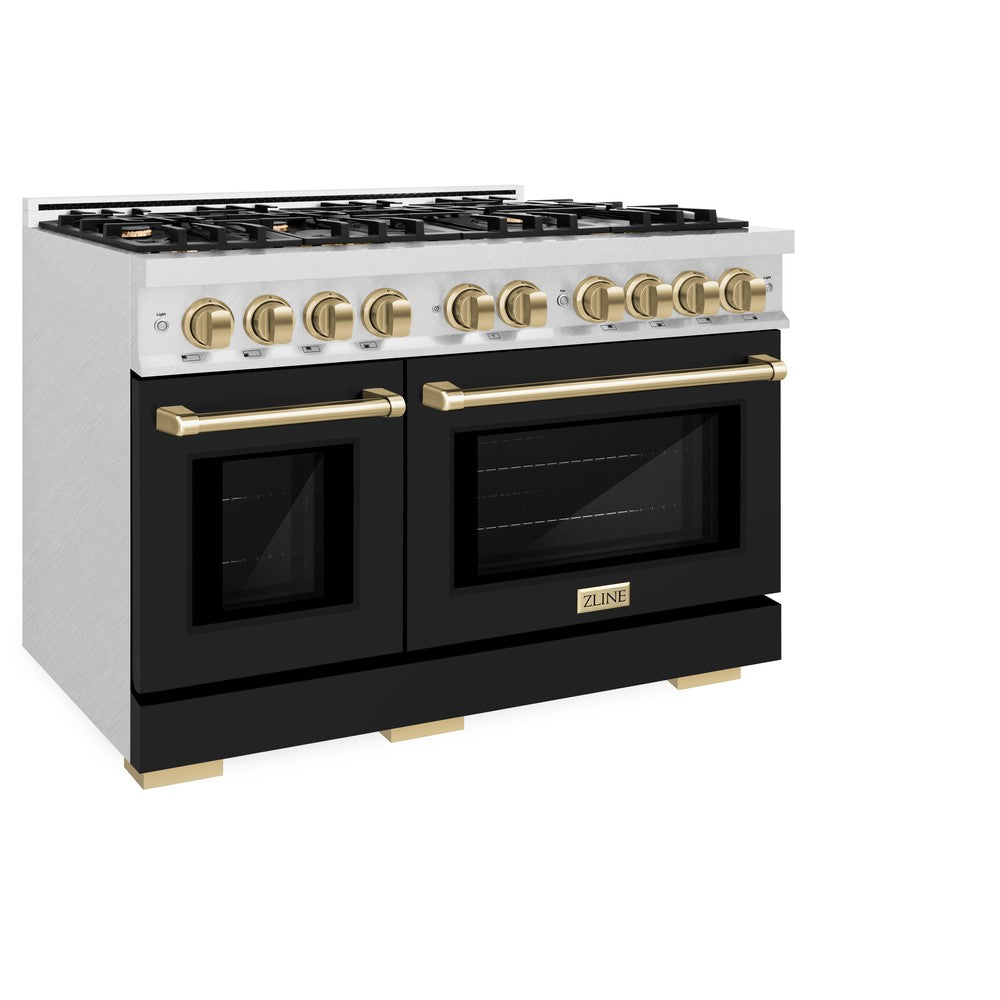 ZLINE Autograph Edition 48-Inch 6.7 cu. ft. Professional Double Oven Gas Range with 8-Burner Cooktop - Satin Stainless Steel, Black Matte Doors & Champagne Bronze Accents (HGRSZ BLM 48 CB) - Ideal for Gourmet Cooking, Large Family Meals & Modern Kitchen Design
