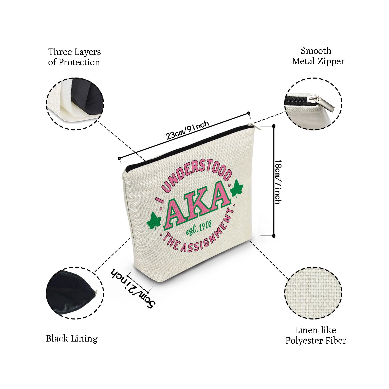 AKA Sorority Gifts - Pink & Green Greek Cosmetic Bag with Zipper | Makeup & Toiletry Pouch for Sorority Sisters | Perfect for College, Travel, and Dorm Organization