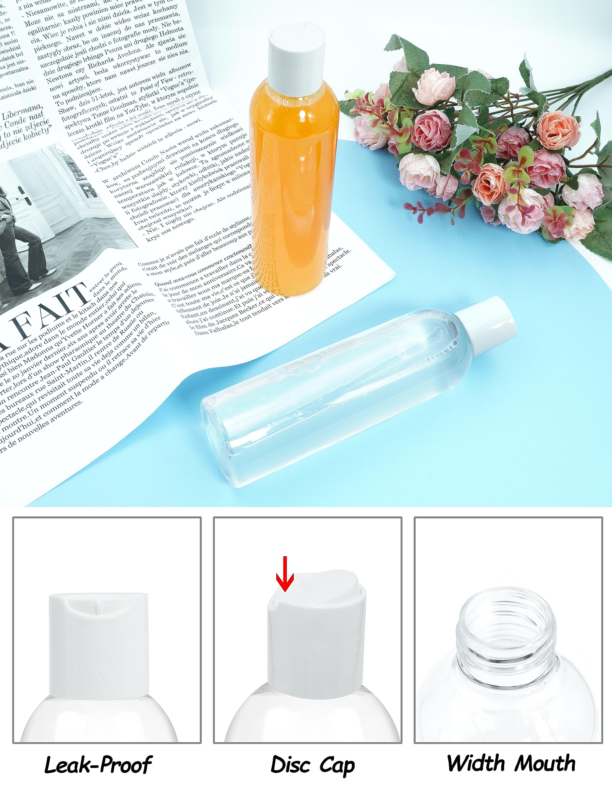 2 Pack 8 oz Clear Plastic Bottles with White Disc Caps - Refillable Empty Squeeze Containers for Cosmetic, Toiletries, Conditioner, Shampoo, Lotions & Gels - Perfect for Travel, DIY Projects & Home Organization