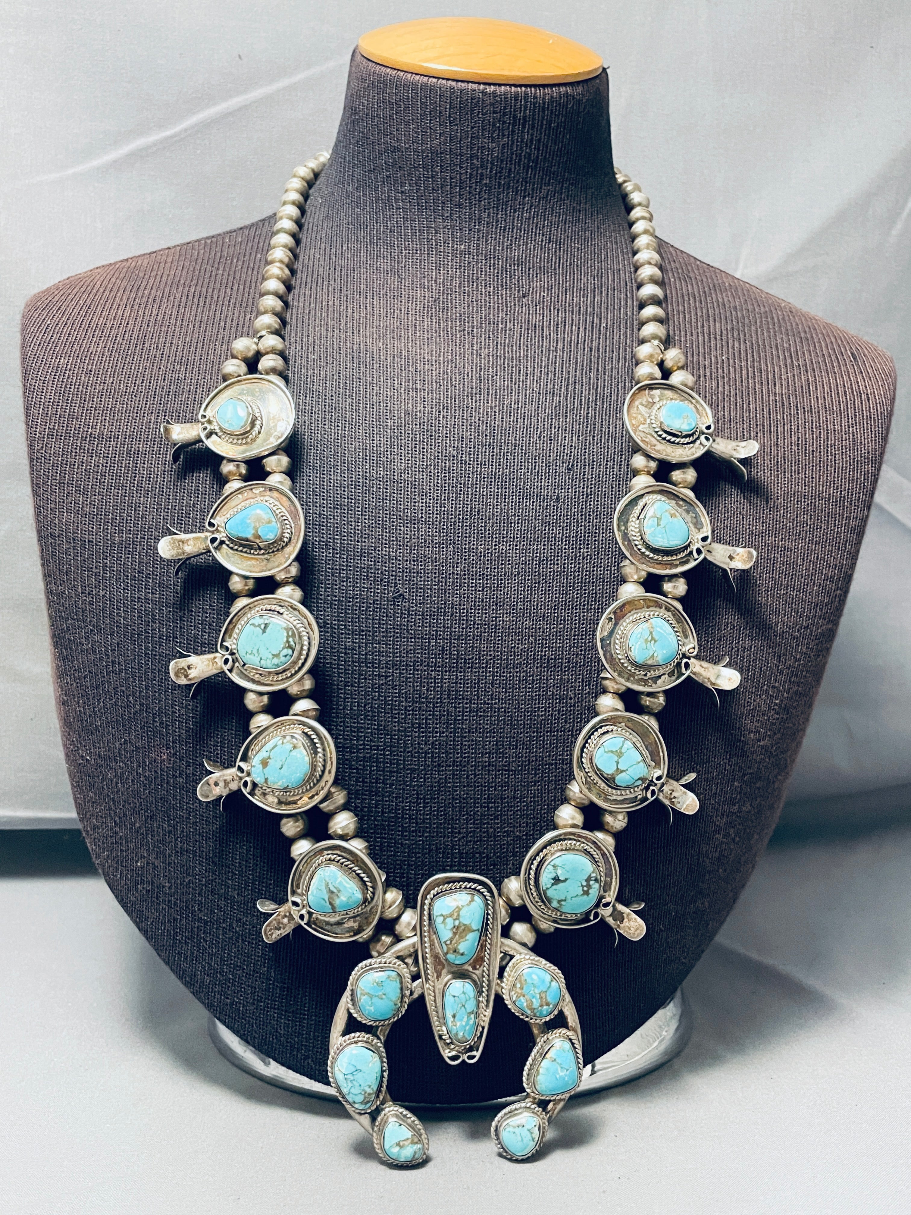 Authentic Vintage Navajo Sterling Silver Squash Blossom Necklace with Turquoise - 200g Handmade Native American Jewelry for Women - Perfect for Boho Fashion, Weddings & Special Occasions