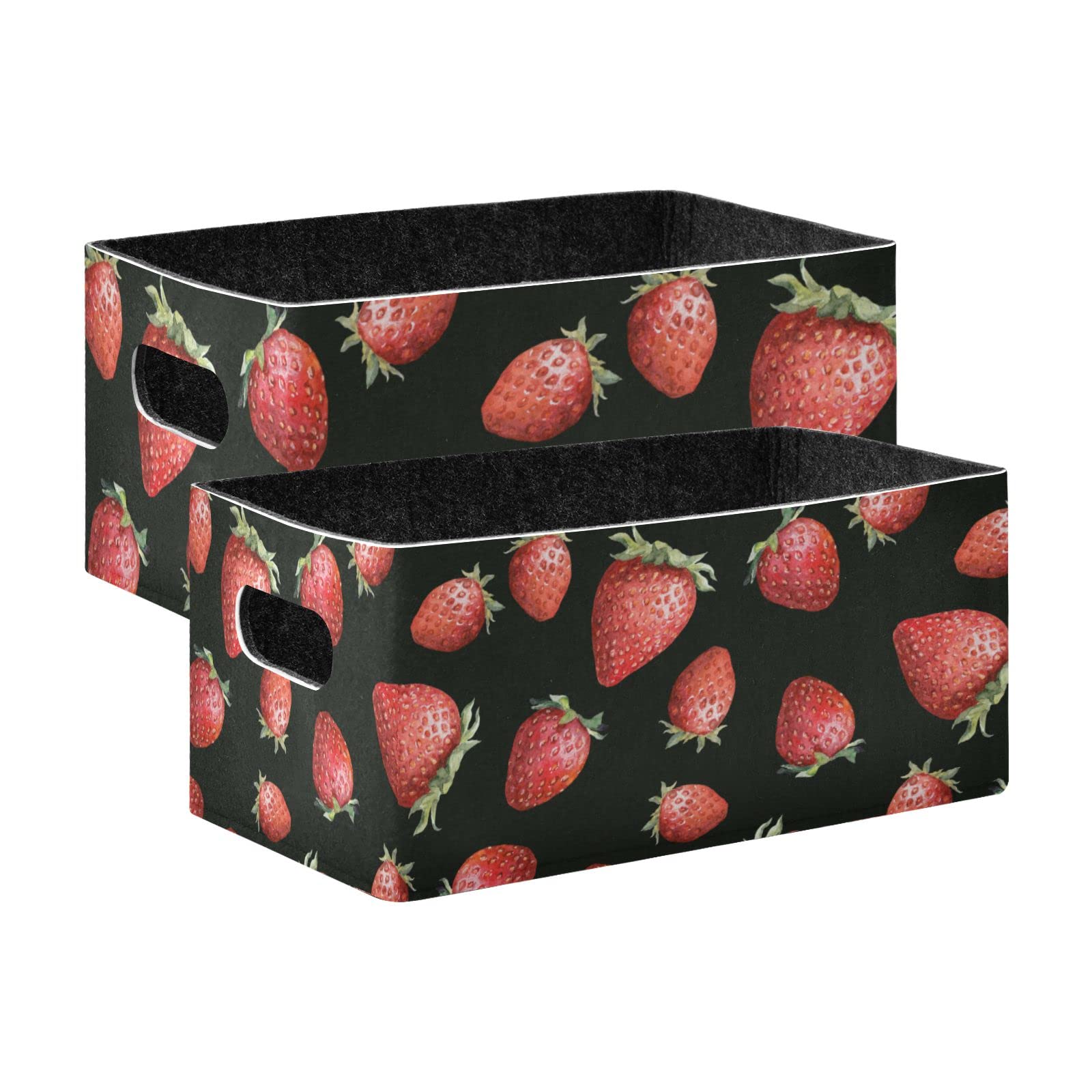 2-Pack Collapsible Strawberry Print Felt Storage Baskets - Rectangular Open Storage Bins for Home, Office, School, Bedroom, Closet & Kitchen Organization | Space-Saving Storage Solution for Fruits, Toys & Household Items
