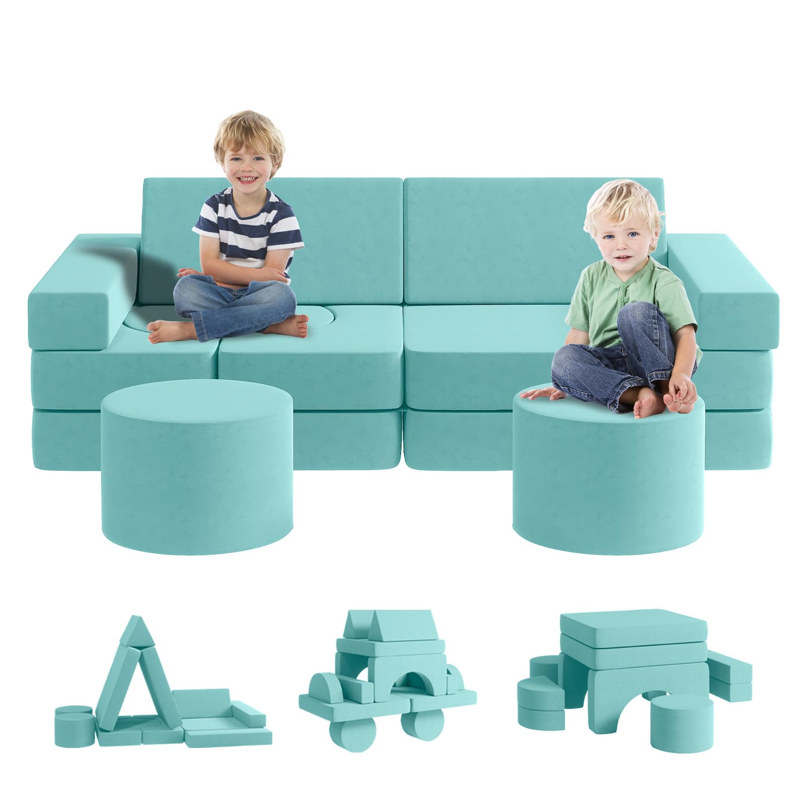 13-Piece Modular Kids Play Couch Set with 2 Ottomans - Foldable Toddler Sofa for Boys & Girls - Ice-Snow Blue Large Size - Perfect for Playroom, Bedroom & Indoor Playtime