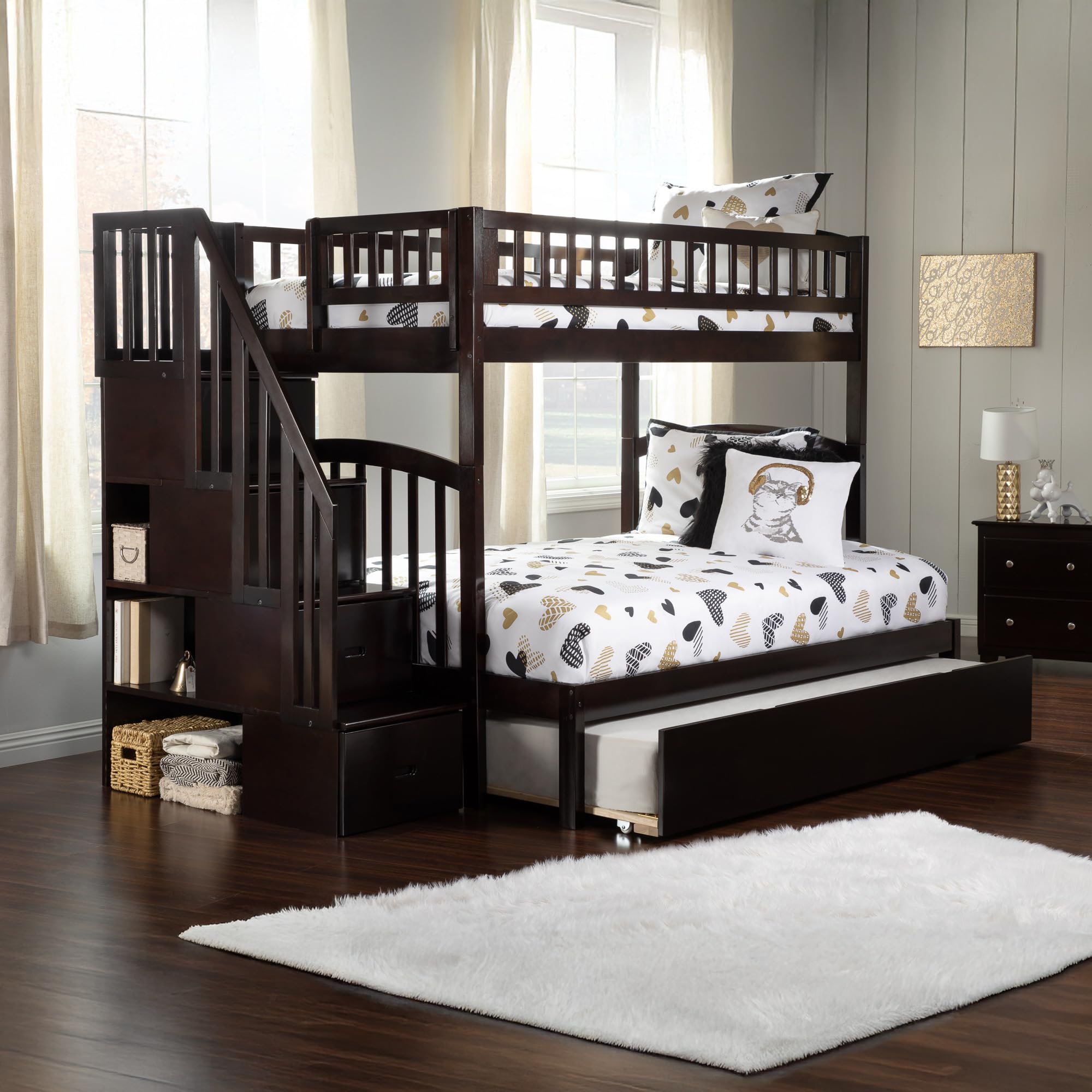 AFI Westbrook Twin Over Full Staircase Bunk Bed with Trundle & USB Charger - Space-Saving Kids Bedroom Furniture for Small Rooms, Guest Rooms & Vacation Homes (Espresso Finish)