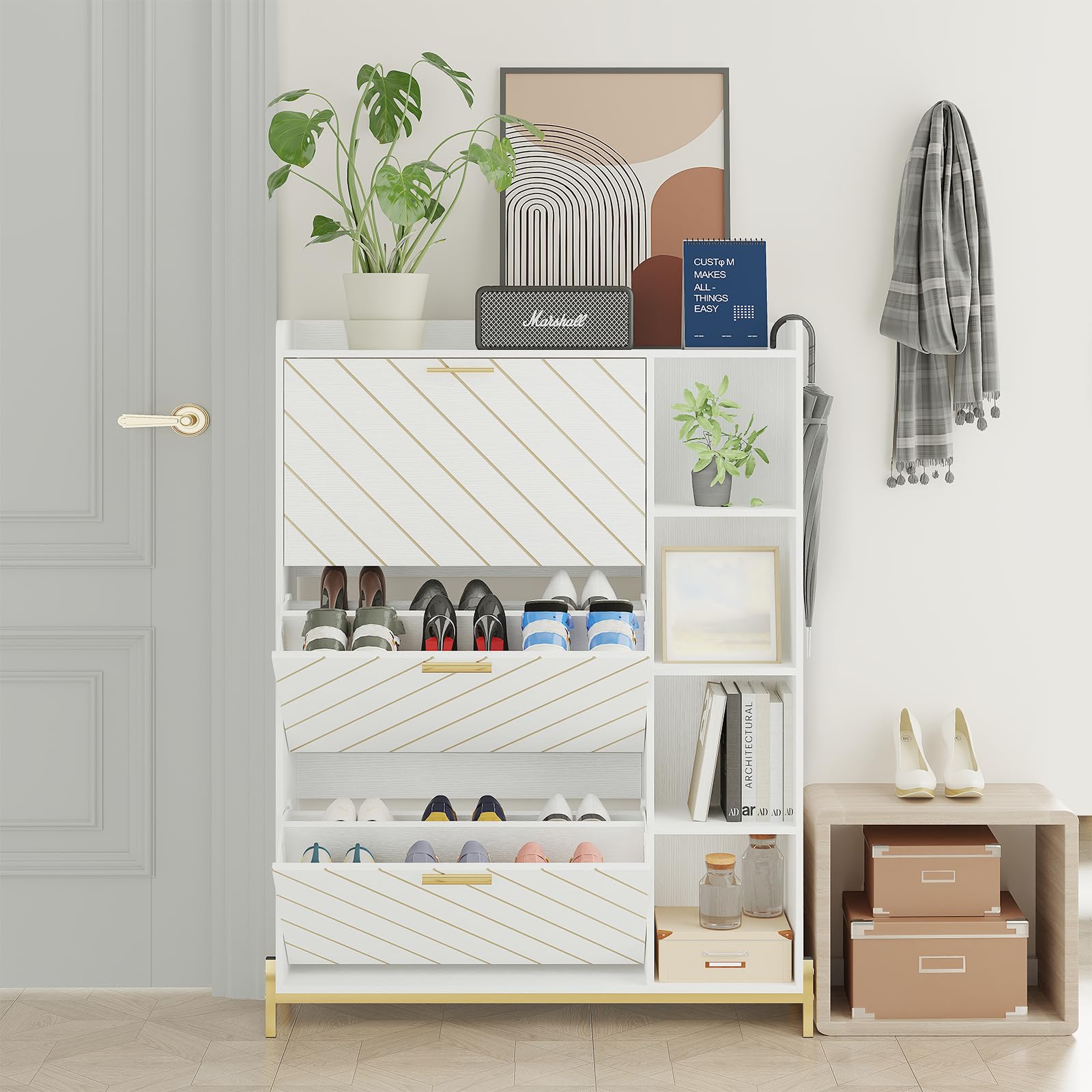 Large Shoe Storage Cabinet - Slim Freestanding Shoe Organizer with 3 Flip Drawers & 4 Shelves for Entryway, Closet, Living Room - Space Saving Hidden Shoe Cabinet (White) | Perfect for Small Apartments, Mudrooms & Home Organization