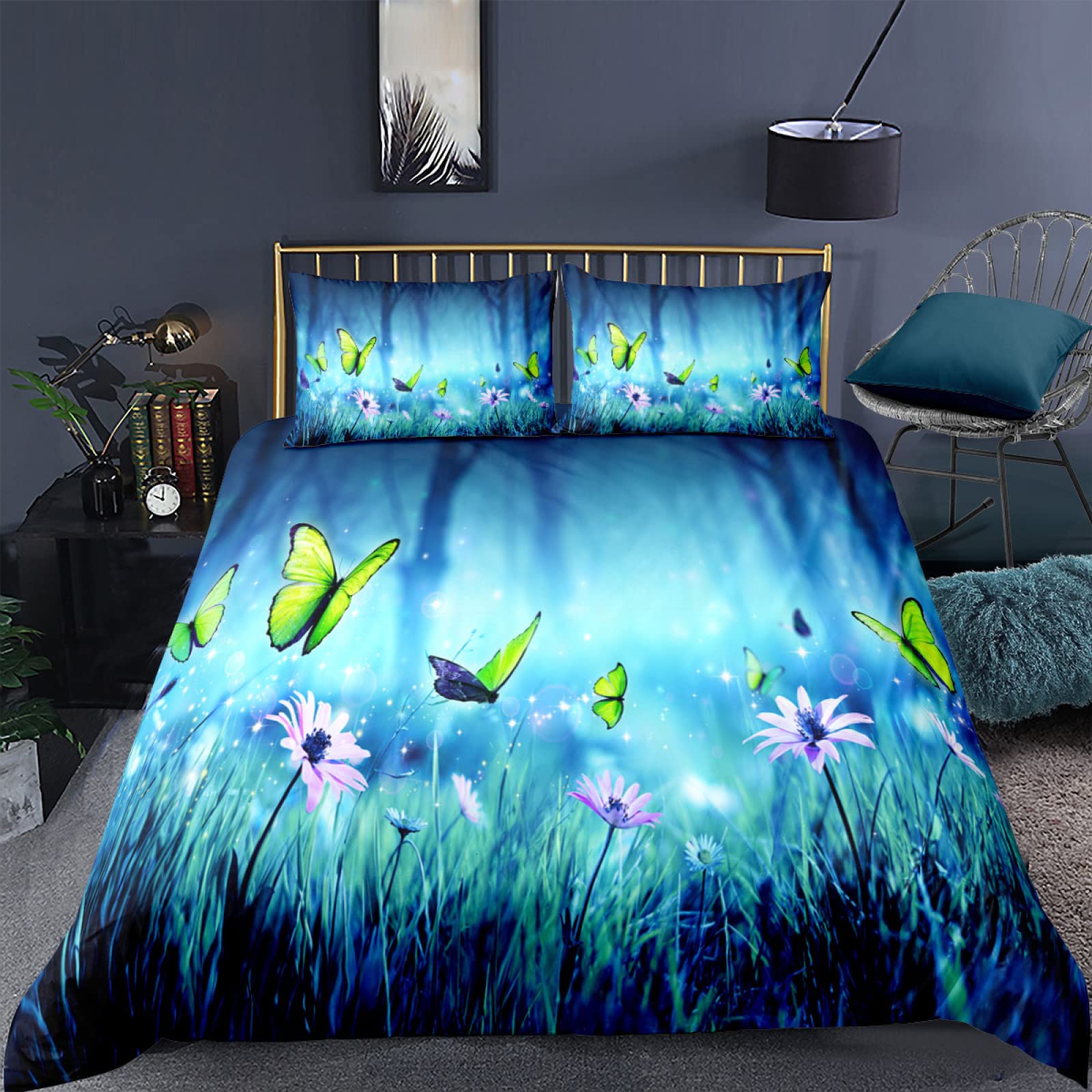 Butterfly 3D Floral Printed Duvet Cover Set California King Size - 2 Piece Bedding Set with Pillow Sham for Adults, Boys & Girls - Soft Landscape Design for Master Bedroom, Guest Room & Kids Room Decor