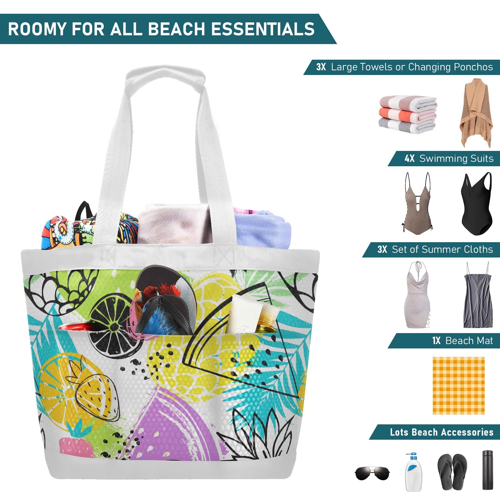 J JOYSAY Large Mesh Beach Tote Bag with Pineapple Design - Water Resistant Gym & Beach Bag for Women | Perfect for Pool Parties, Vacation Travel & Summer Outings