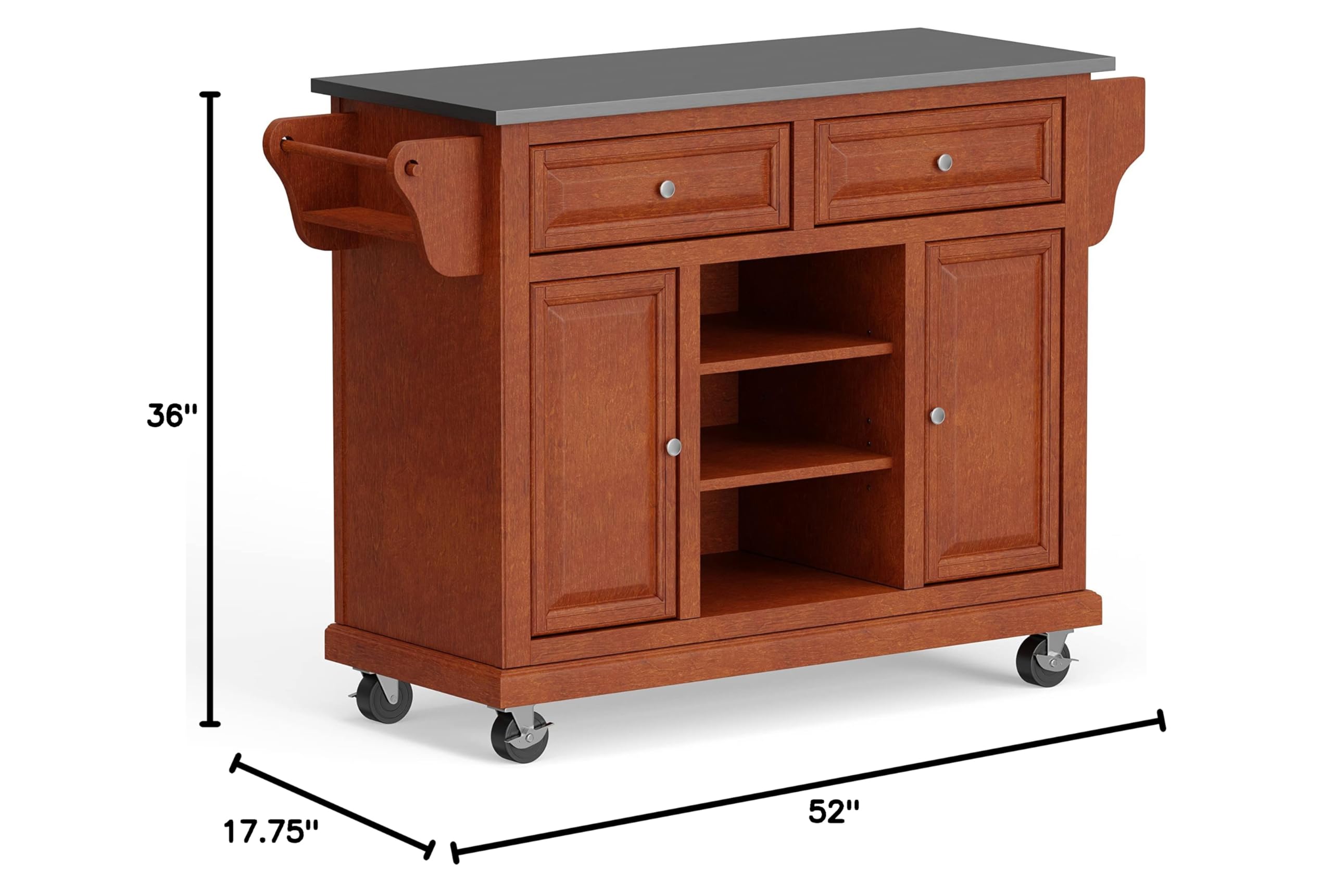 Glenwillow Home Kitchen Cart with Cherry Wood Frame & Stainless Steel Top - Perfect for Small Spaces, Kitchen Islands & Dining Room Storage
