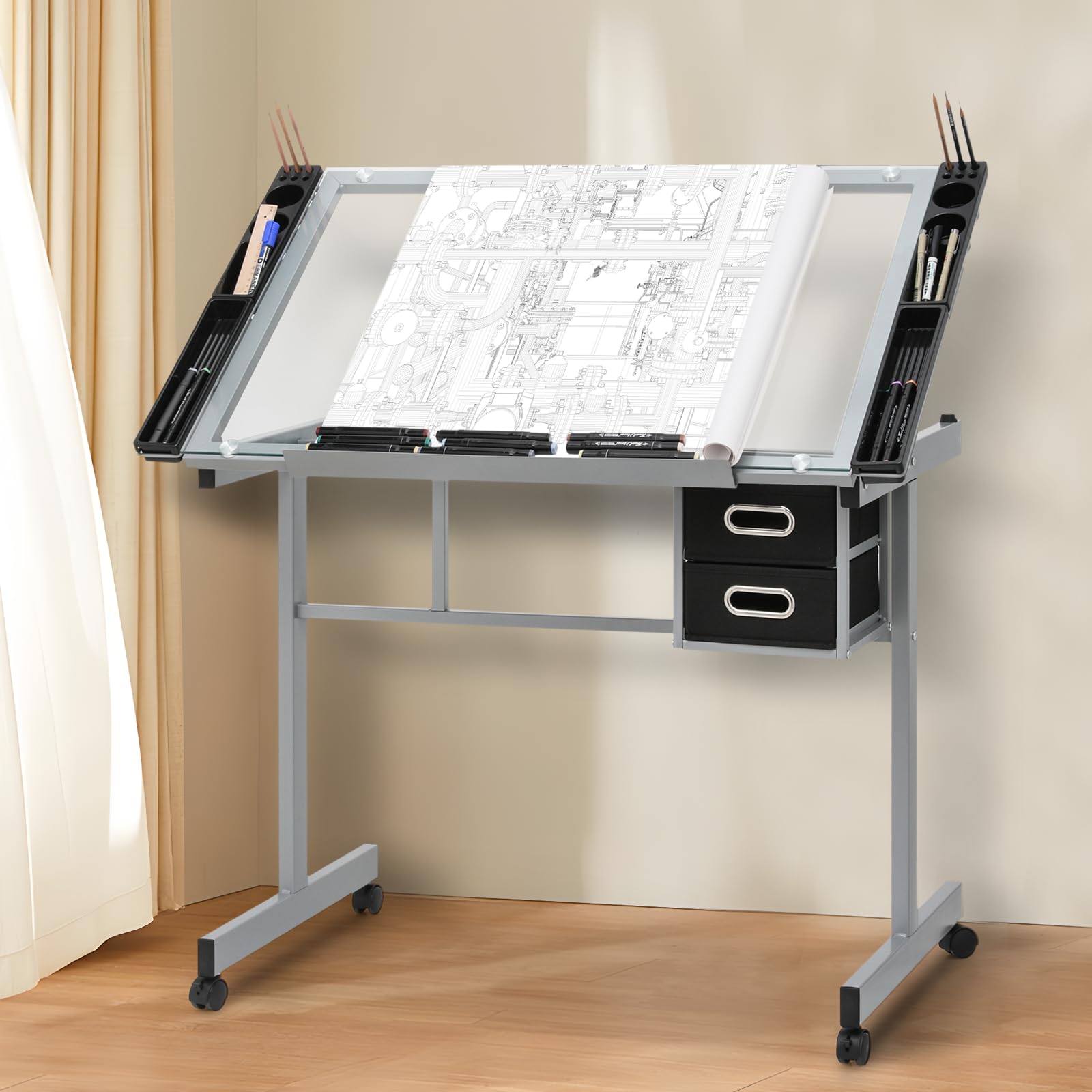 Adjustable Drafting Table & Stool Set - Art Desk with Slide-Out Table & Storage - Ergonomic Drawing Table for Artists, Architects & Designers - Perfect for Sketching, Drafting & Creative Workspaces - Natural Wood Finish