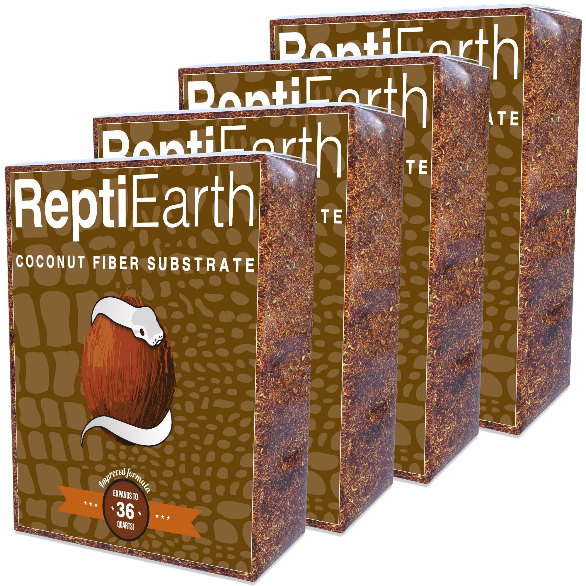 Organic ReptiEarth Coconut Fiber Substrate - 36 Quart Ready-to-Use Reptile Bedding for Bioactive Terrariums | Ideal for Snake Habitats, Lizard Tanks with Live Plants, Frogs, Tarantulas & Hermit Crabs (4 Pack) | Perfect for Naturalistic Enclosures & Moisture Retention