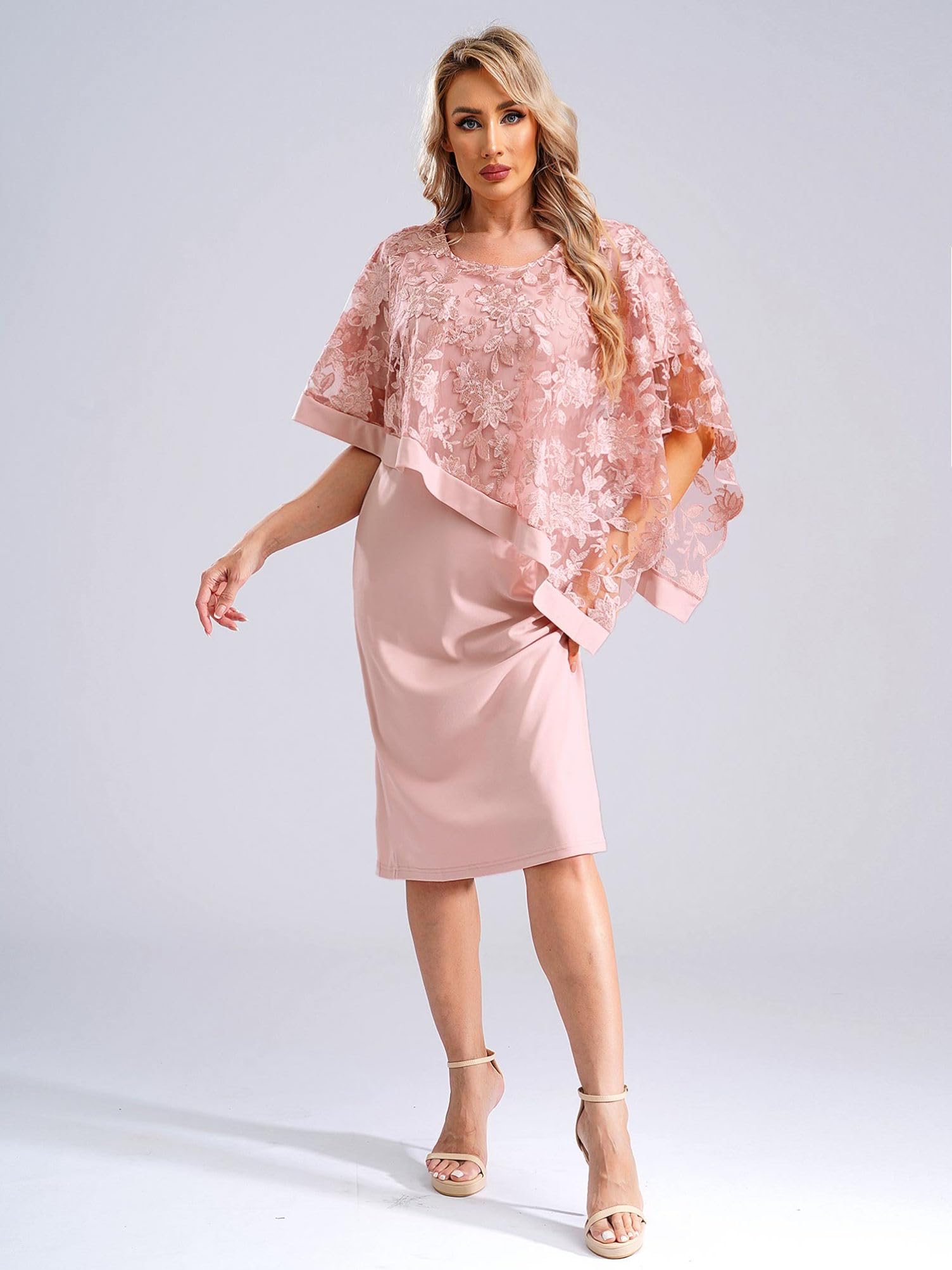 Elegant Plus Size Mother of The Bride Dress with Embroidery Lace - Formal Cocktail Midi Dress for Wedding, Bridesmaid Party & Special Occasions