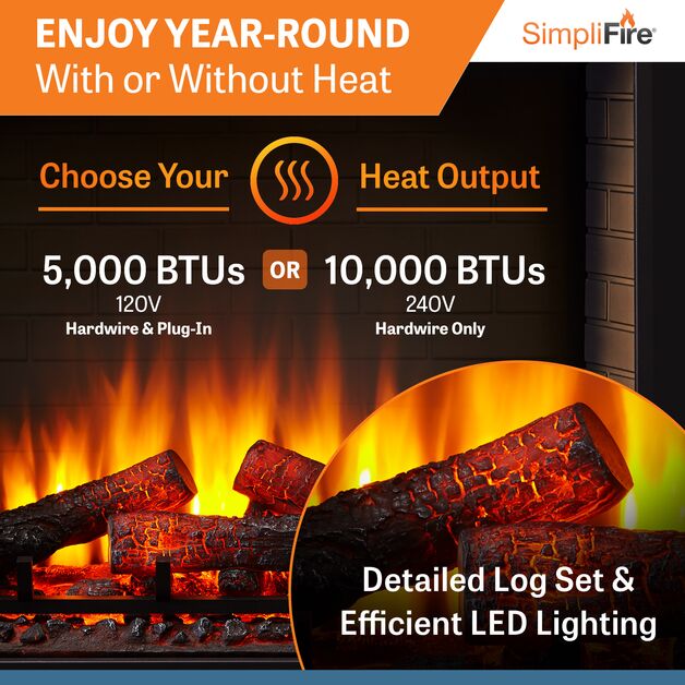 SimpliFire SF BI36 EB 36-Inch Built-In Electric Fireplace - Modern Heating for Living Rooms, Bedrooms & Offices