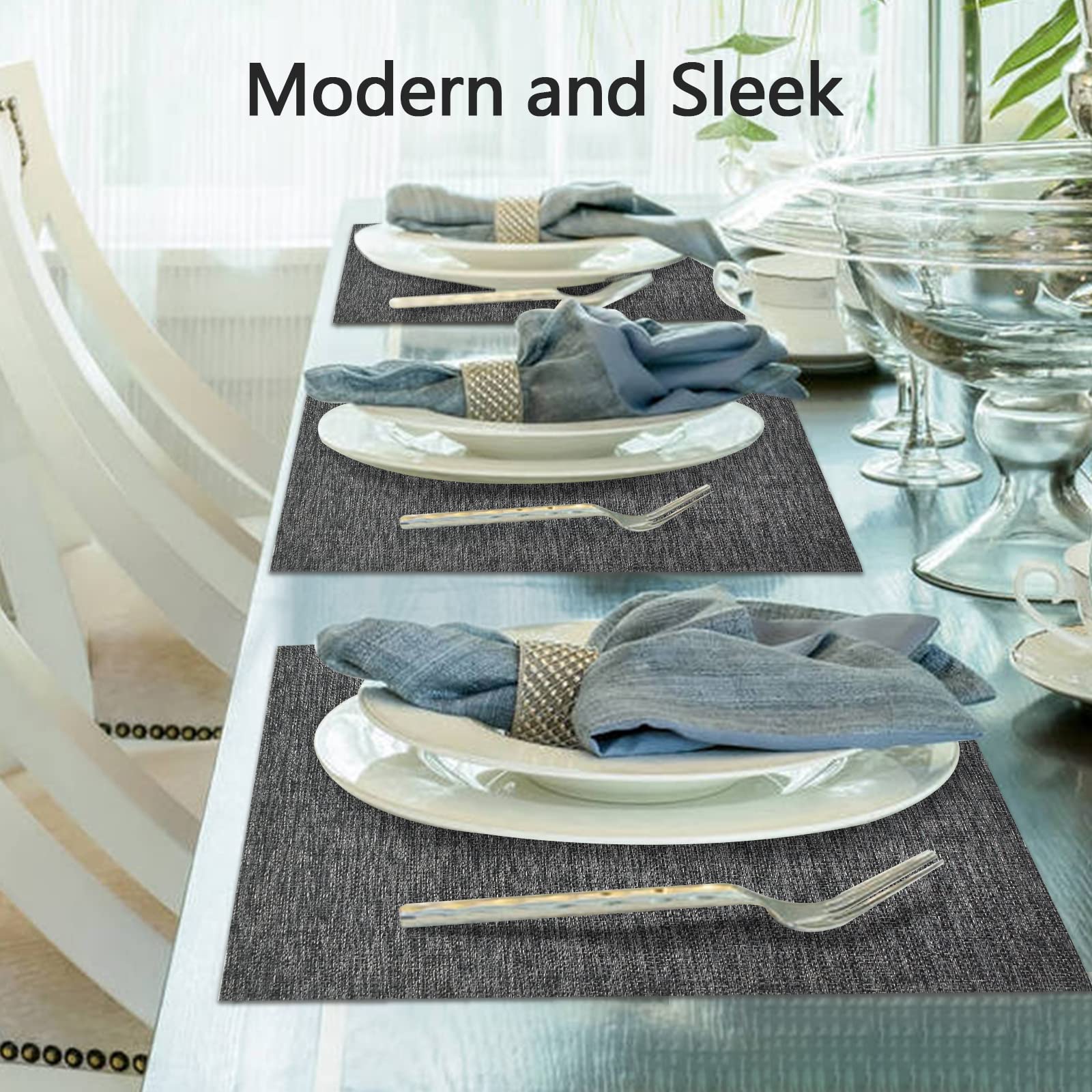 4-Pack Woven Vinyl Placemats for Dining Table - Waterproof & Washable Indoor/Outdoor Placemat Set (Dark Grey) - Perfect for Patio, Kitchen, and Restaurant Use