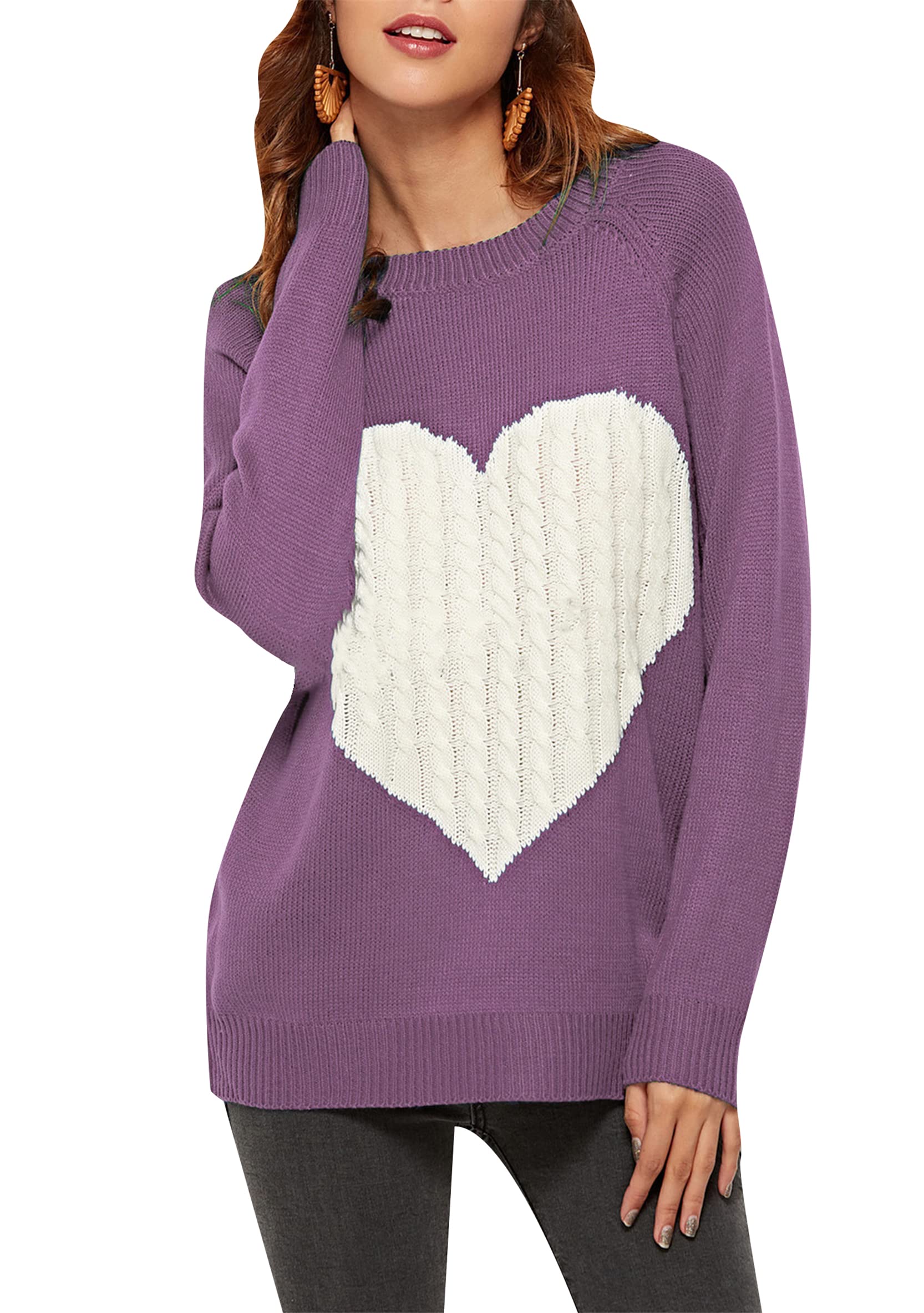 WIWIQS Women's Cute Heart Knit Sweater Valentine's Day Crewneck Top - Cozy Winter Pullover for Date Night & Casual Outfits
