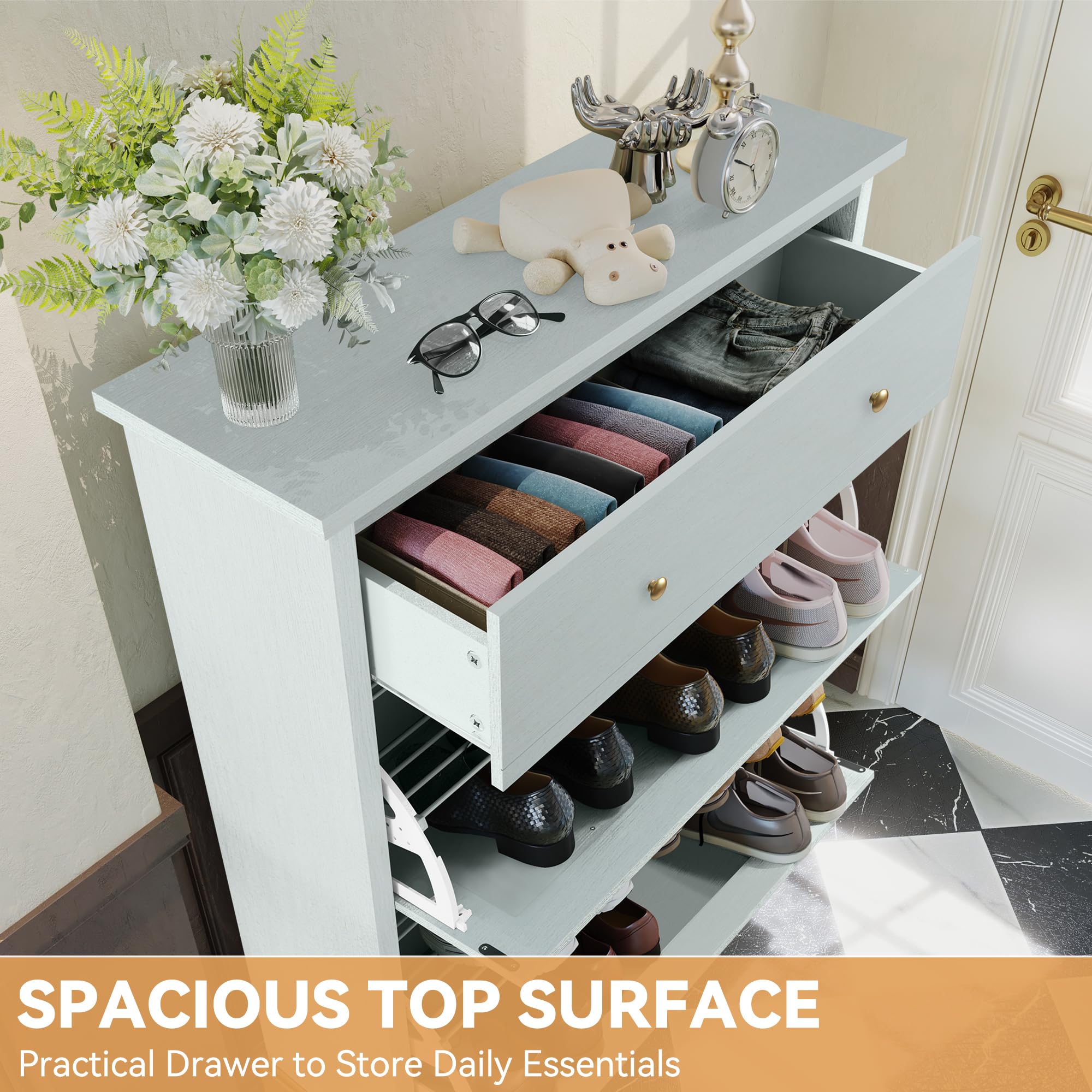 Space Saving Hidden Shoe Cabinet with 2 Flip Doors & 1 Drawer - Freestanding Entryway Shoe Storage Organizer, Narrow Shoe Rack for Hallway, Living Room, Bedroom - Green with Gold Legs - Perfect for Small Spaces & Apartment Entryways