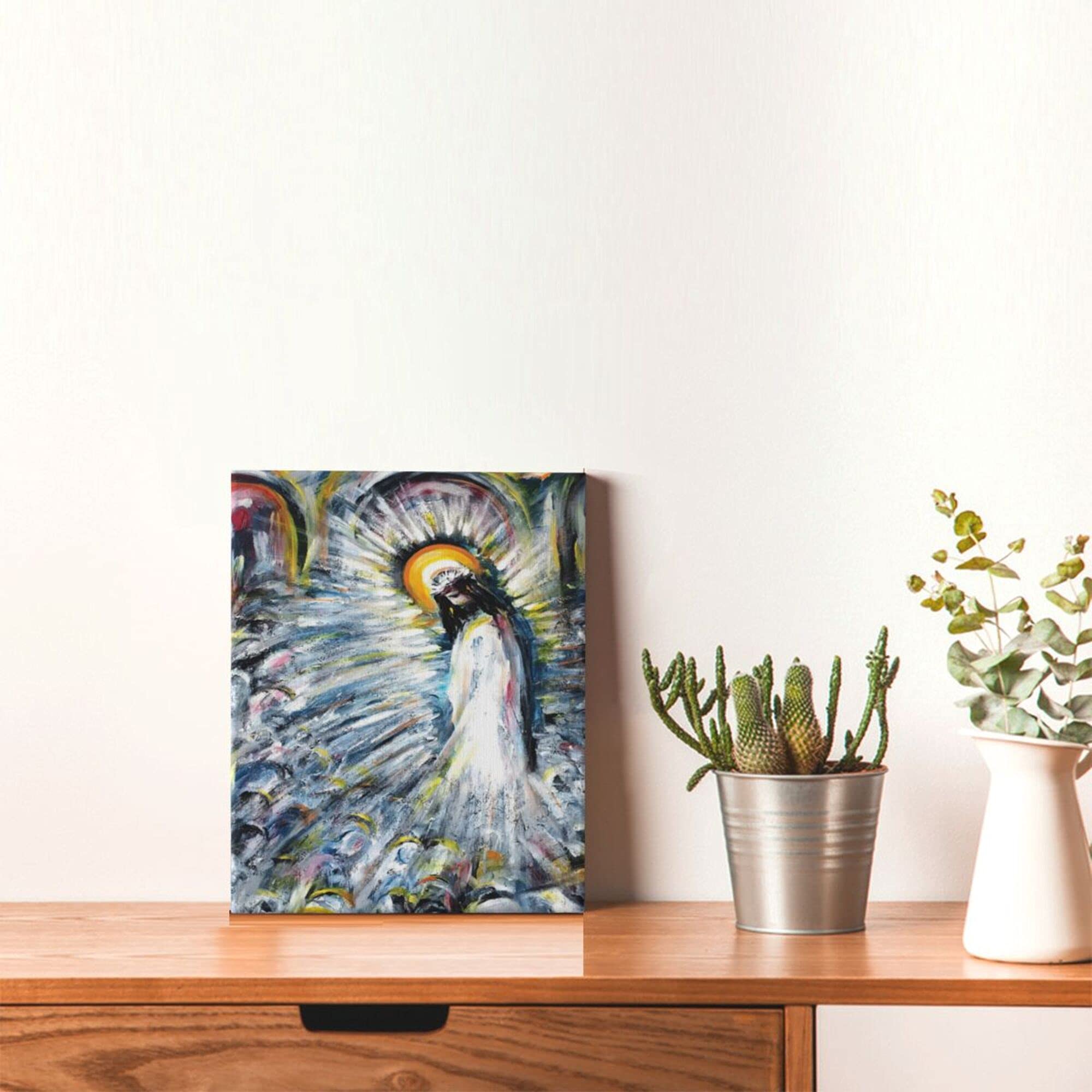 XeGe QAXme Jesus Wall Art - Christian Radiant Canvas Painting of God Holy Light - Large Size 8x10 Inch Framed Wall Decor for Bedroom & Living Room - Ready to Hang - Perfect for Home, Church & Office Decor