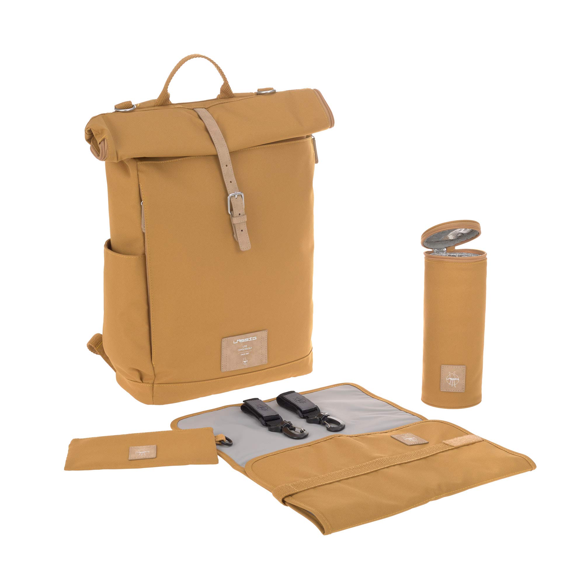 LÄSSIG Waterproof Baby Changing Backpack with Changing Mat, Pram Attachment & Bottle Warmer - Sustainable Rolltop Diaper Bag for Parents on the Go - Perfect for Travel, Daycare & Outdoor Adventures
