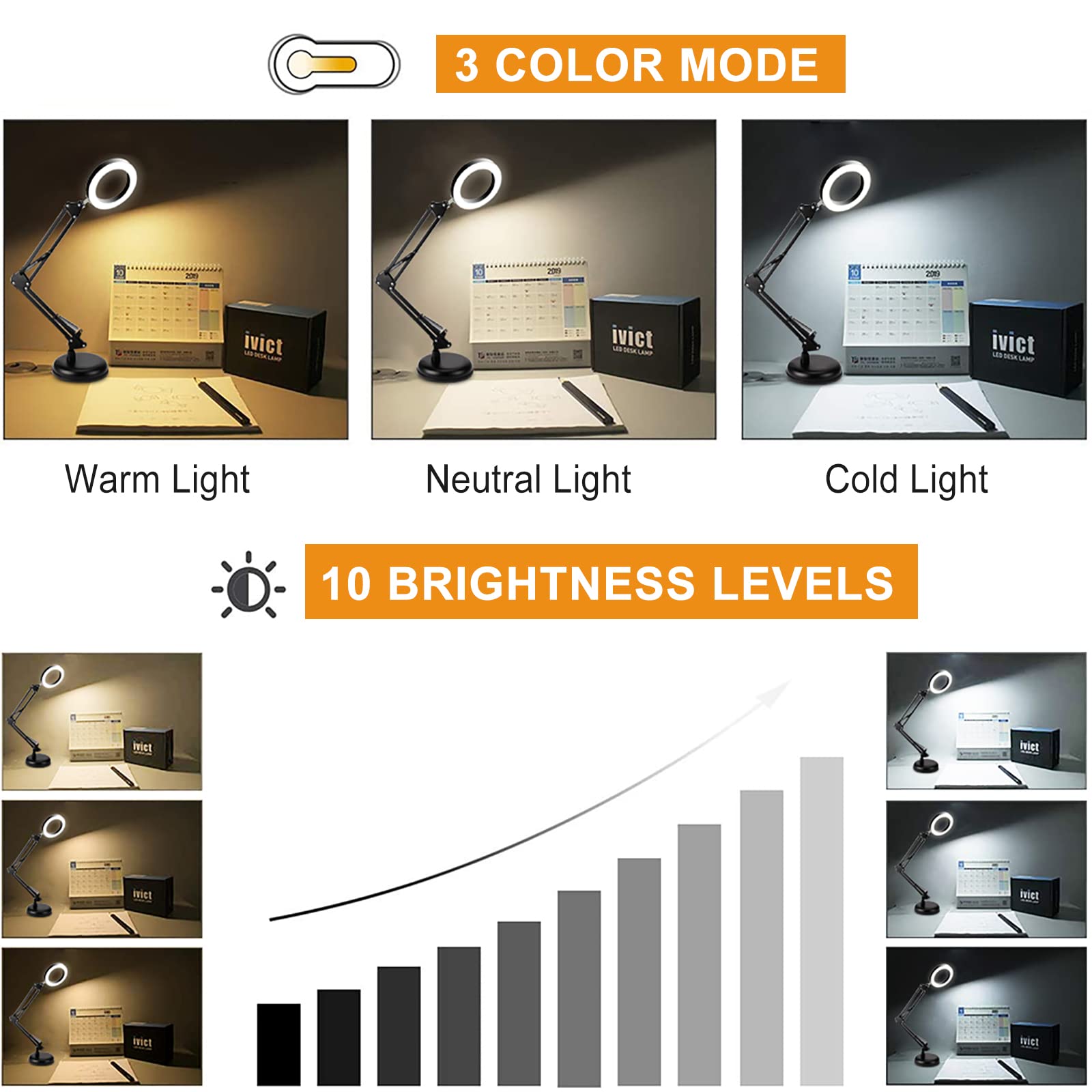 Dimmable Swing Arm Desk Lamp with Clamp - 68 LED Flexible Architect Work Light, 3 Color Modes & 10 Brightness Levels, Adjustable Multi-Joint Table Lamp for Home Office, Study, Computer Work, Art Studio & Task Lighting