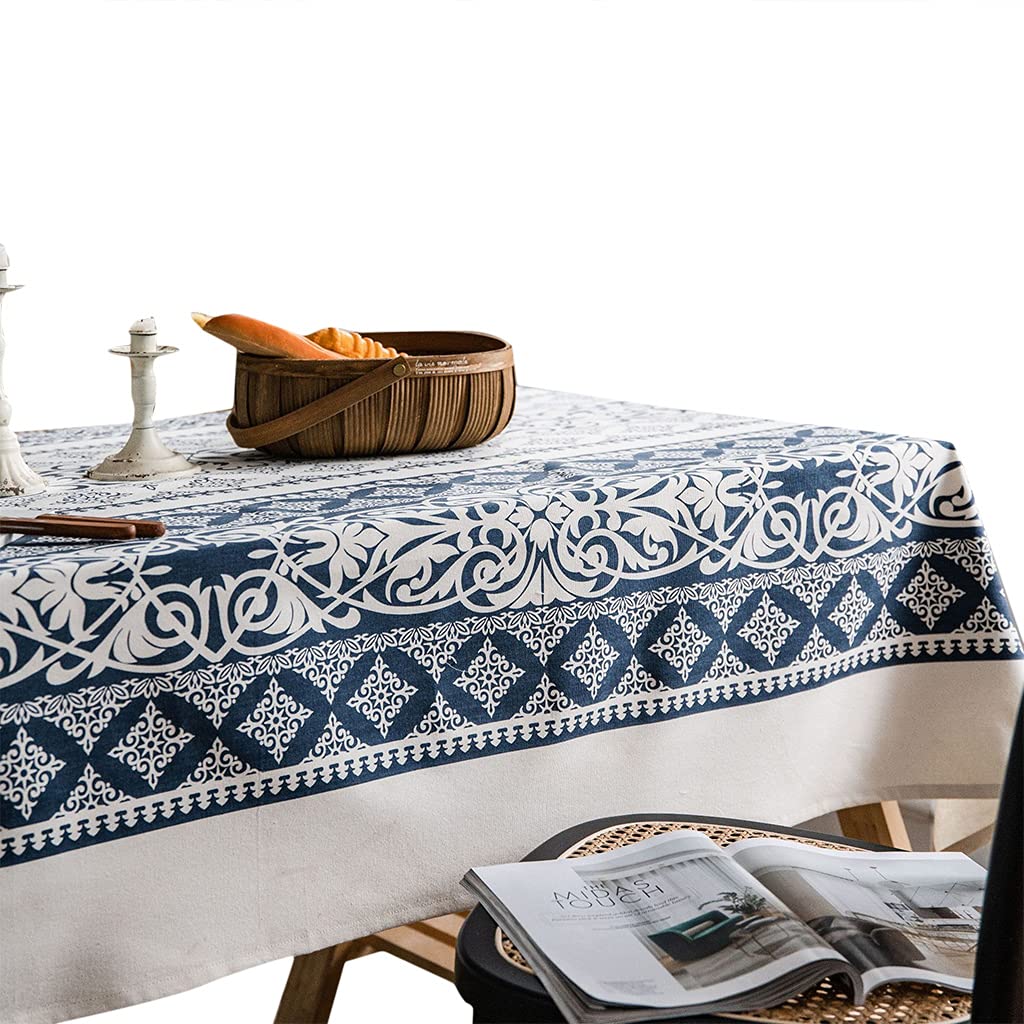 Classic Blue and White Porcelain Tablecloth - Vintage Linen Cotton Dining Table Cover for Rectangular Tables | Perfect for Home Decor, Dinner Parties & Chinese-Themed Events