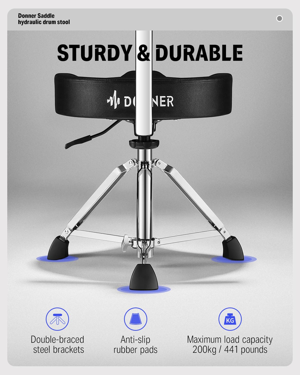 Donner Heavy Duty Hydraulic Drum Throne with Backrest - Adjustable Height Motorcycle Style Drum Seat for Adult Drummers (Black) | Perfect for Drum Practice, Live Performances & Studio Recording