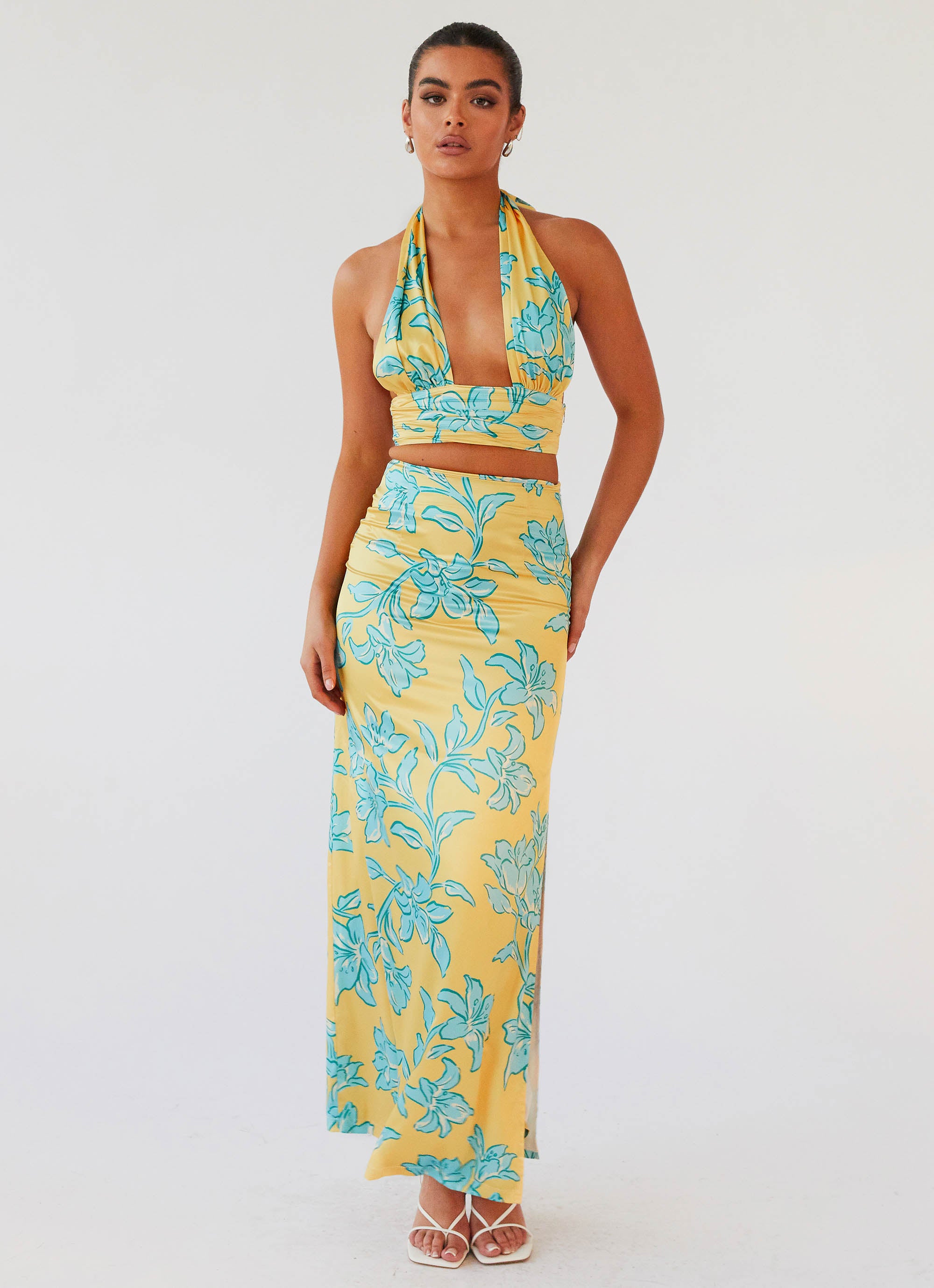 Amalia Satin Maxi Skirt - Golden Bloom Floral Print Elegant Long Skirt for Women | Perfect for Weddings, Parties & Special Occasions