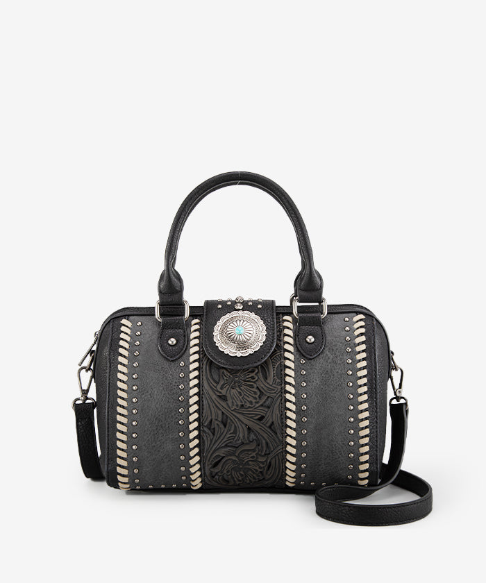 Montana West Genuine Leather Tooled Concho Barrel Satchel Bag for Women - Western Style Crossbody Purse for Cowgirl Fashion & Everyday Use