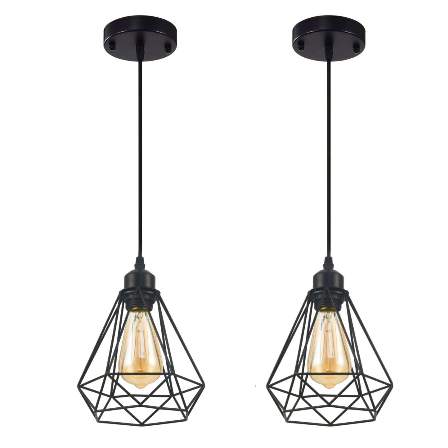 SEHONG 2 Pack Black Industrial Vintage Pendant Light - Metal Cage Hanging Lamp for Farmhouse, Kitchen Island, Dining Room, Bedroom - Perfect for Rustic Home Decor & Cozy Ambiance Lighting