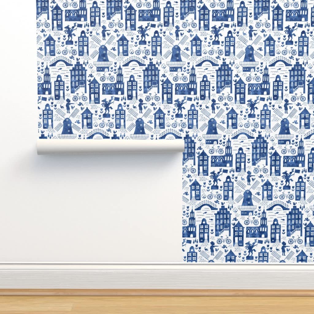 Peel & Stick Wallpaper 9ft x 2ft - Delft Dutch Blue Watercolor Design with Whimsical Windmills, Bikes & Tulips | Removable Custom Wallpaper for Bedroom, Nursery & Home Office Decor | Spoonflower