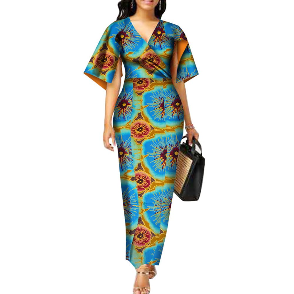 BAZINRICHE African Print Dashiki Dress for Women - Plus Size V-Neck Party Dress with Long Sleeves - Perfect for Cultural Events, Weddings & Festive Occasions