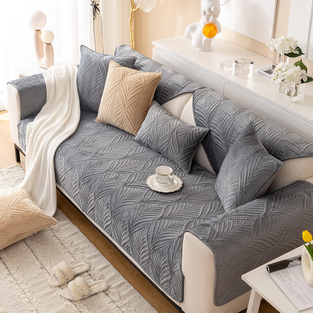 VCTOPS Super Soft Velvet Quilted Sofa Cover - Non-Slip Sectional Couch Protector with Leaf Pattern, Plush Furniture Slipcover for Pets & Kids (Grey, 28