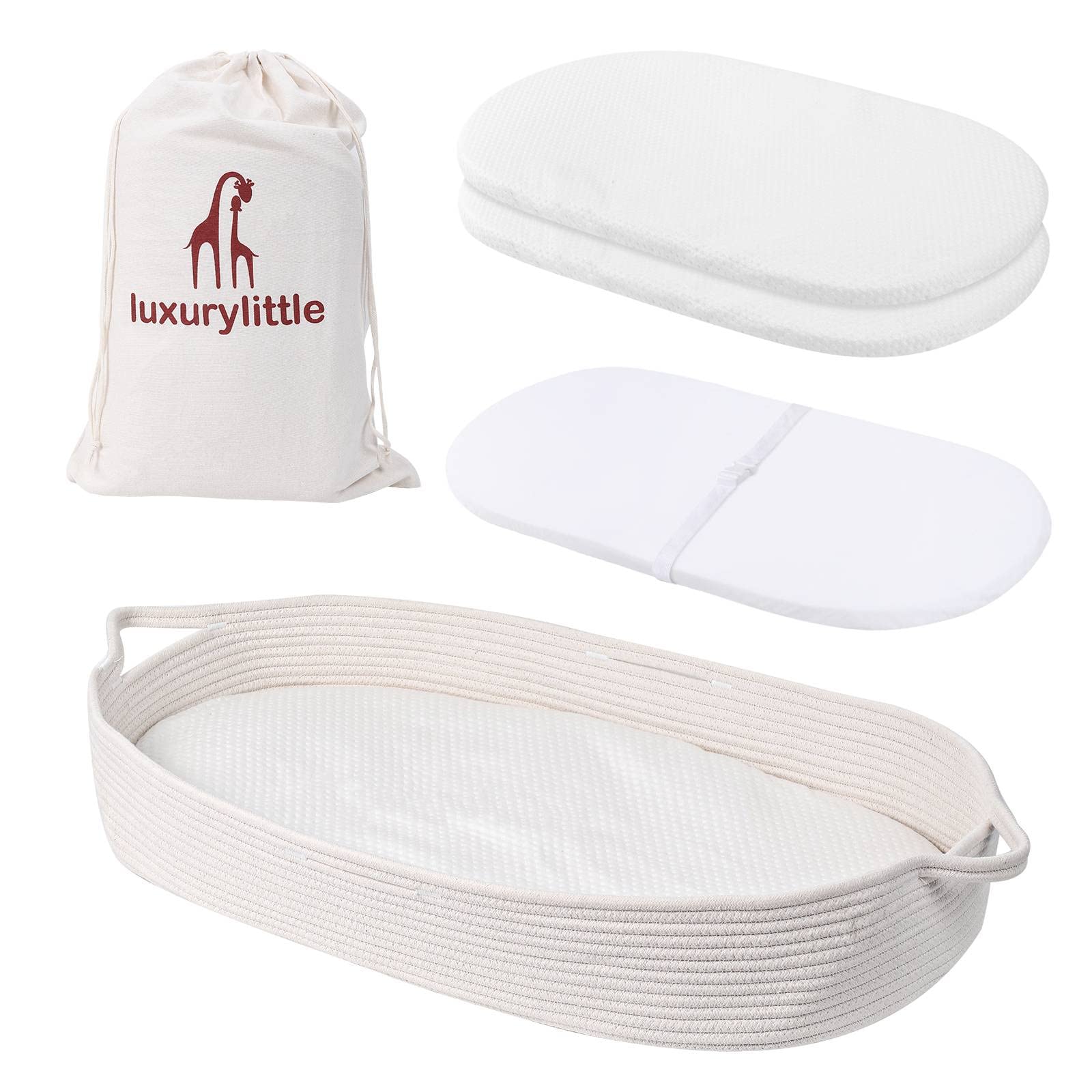 Luxury Baby Changing Moses Basket with Memory Foam Mattress & Waterproof Pad Cover - Portable Boho Nursery Decor, 100% Cotton Rope Baby Lounger - Perfect for Newborn Care, Nursery Organization & Travel Essentials