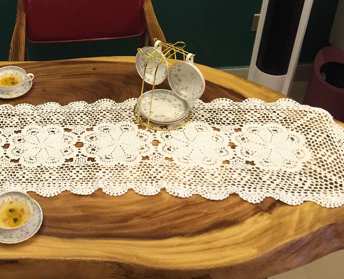 Handmade White Crochet Cotton Table Runner - 16x51 Inches Lace Doily Rectangular Dresser Scarf for Dining Table, Coffee Table, and Home Decor