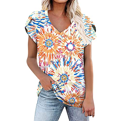 Women's Summer Short Sleeve V-Neck Floral Print Blouse - Casual Loose Comfortable Shirt Tee Top (Orange, XXL) for Beach Vacation, Outdoor Activities & Daily Wear