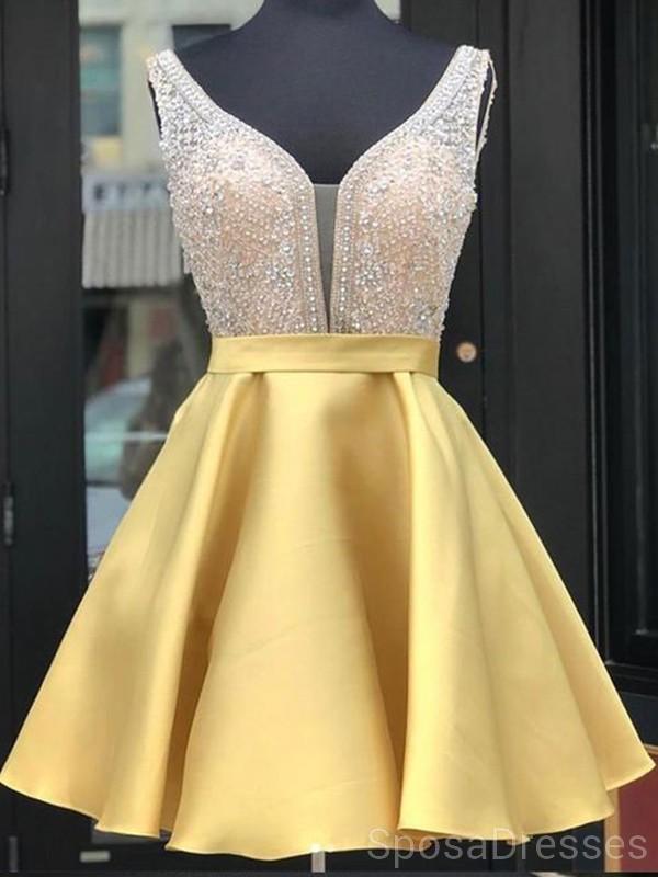 Gold Beaded V-Neck Short Homecoming Dress - Elegant Prom Dress for Women (Style CM838) | Perfect for Parties, Dances & Special Occasions