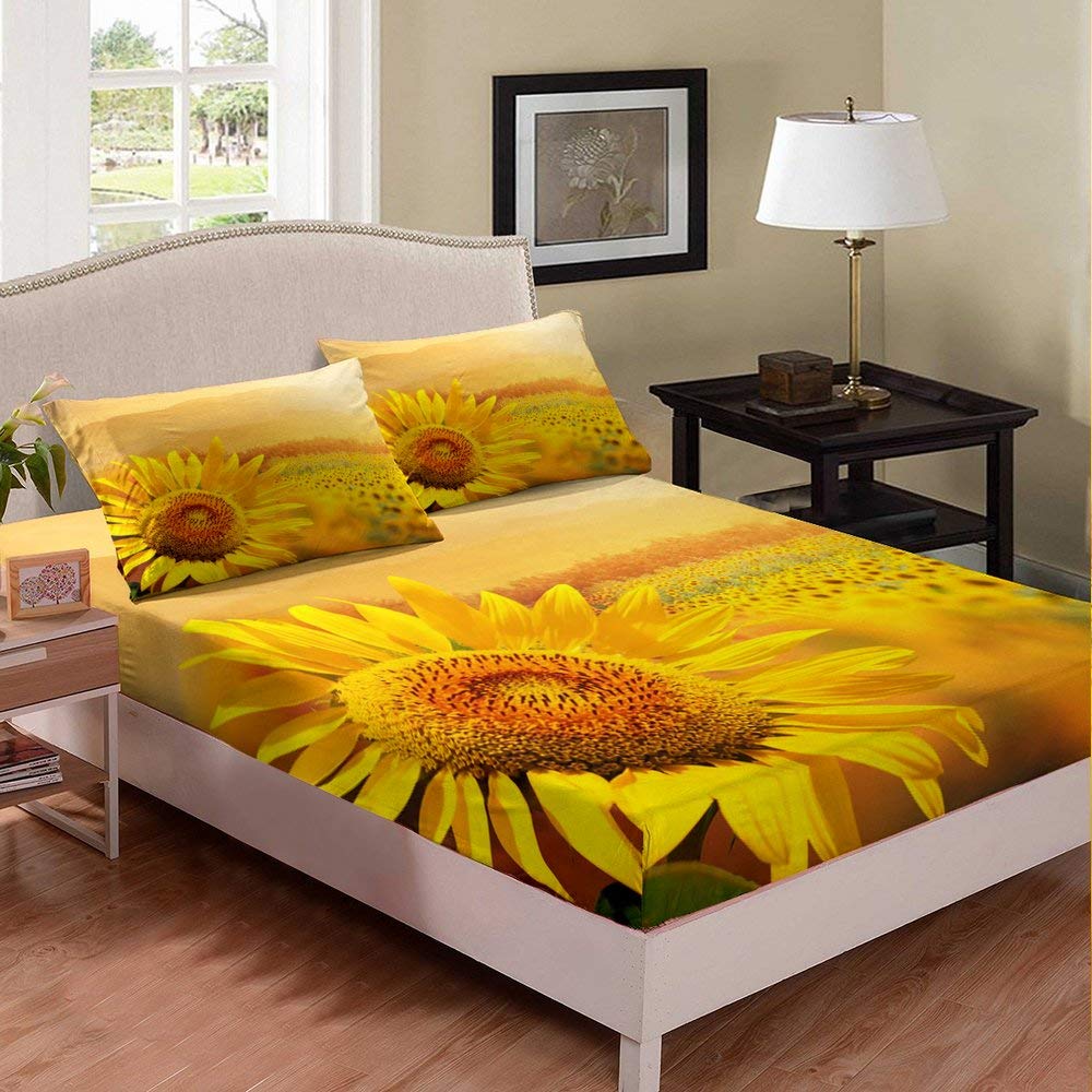 Sunflower Rose Twin Bed Sheet Set - Golden Yellow Floral Bloom Bedding for Kids & Children - 2pc Fitted Sheets - Soft & Breathable Cotton - Perfect for Nursery, Guest Room & Dorm Decor