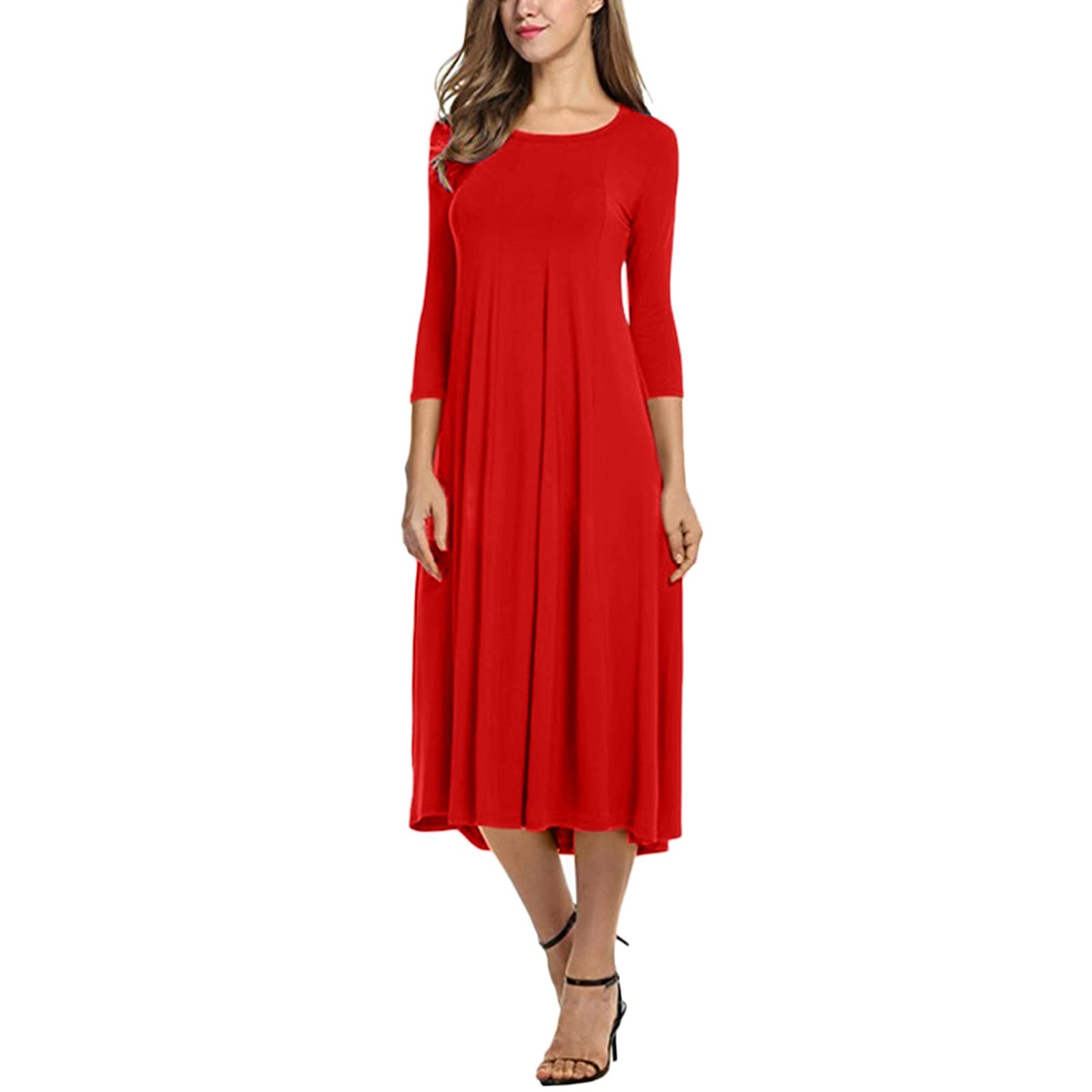 Twoker Women's Long Sleeve Casual Swing Dress - Round Neck Solid Pink Midi Dress for Everyday Wear | Perfect for Office, Date Night & Spring Outfits