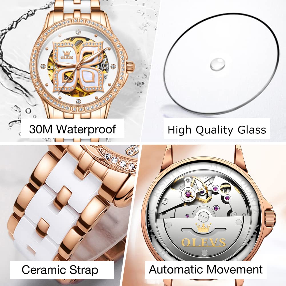 OLEVS Women's Automatic Watch - Premium Large Face Diamond Accented Self-Winding Ladies Dress Watch | Waterproof, Two-Tone Stainless Steel & Ceramic Bracelet | Perfect for Business, Formal Events & Everyday Wear