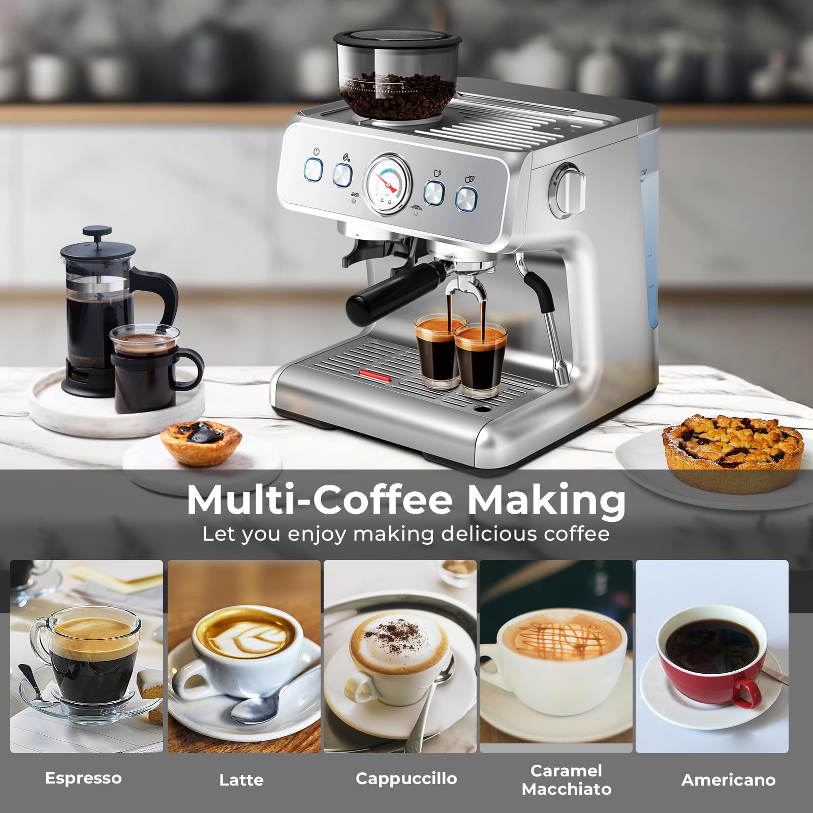 15 Bar Semi-Automatic Espresso Machine with Built-in Grinder & Milk Frother - 1350W Stainless Steel Home Coffee Maker for Cappuccino & Latte - Removable 75oz Water Tank - Perfect for Home Baristas & Coffee Lovers