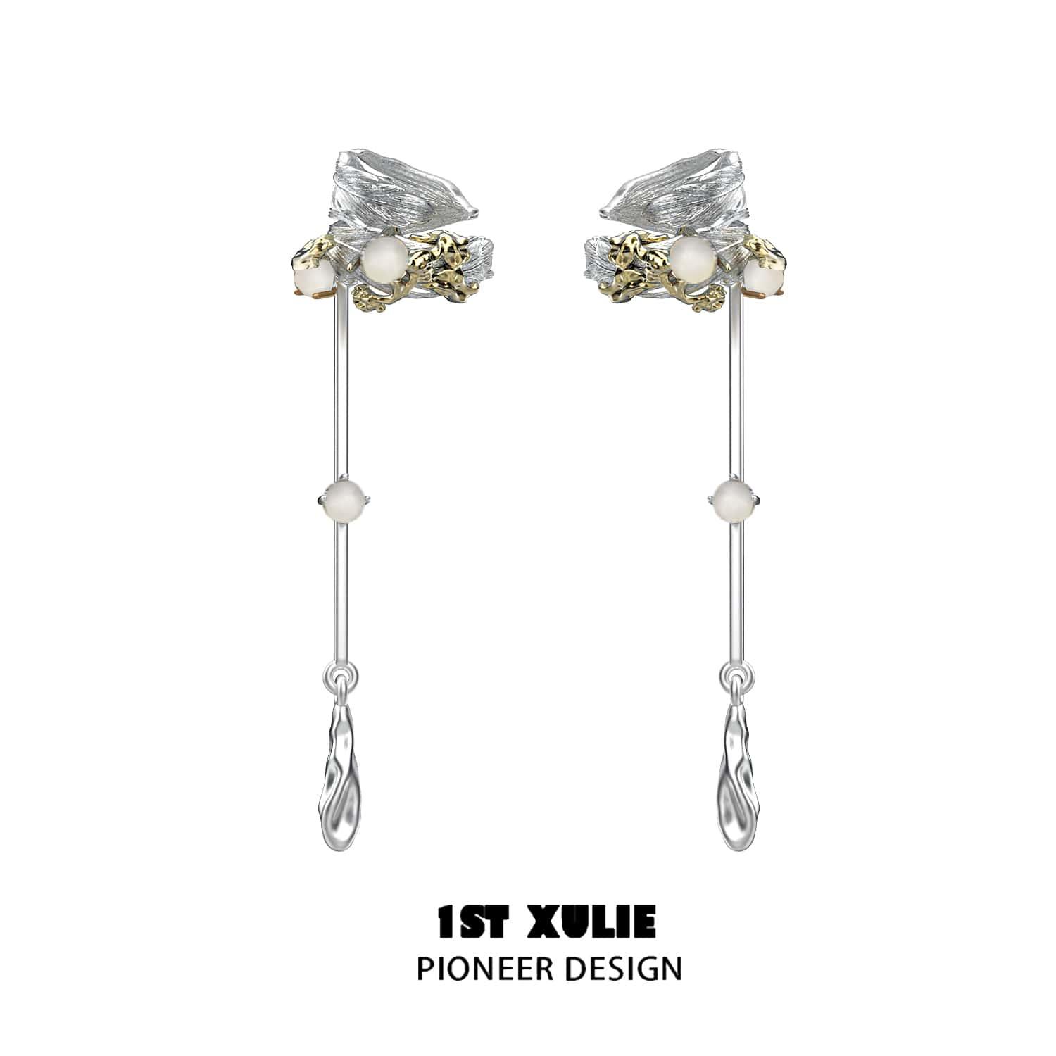18K Gold Agate Moonstone Earrings for Women - Elegant Dangle Earclips for Party, Wedding & Evening Wear - Lucifer White™ Jewelry Collection