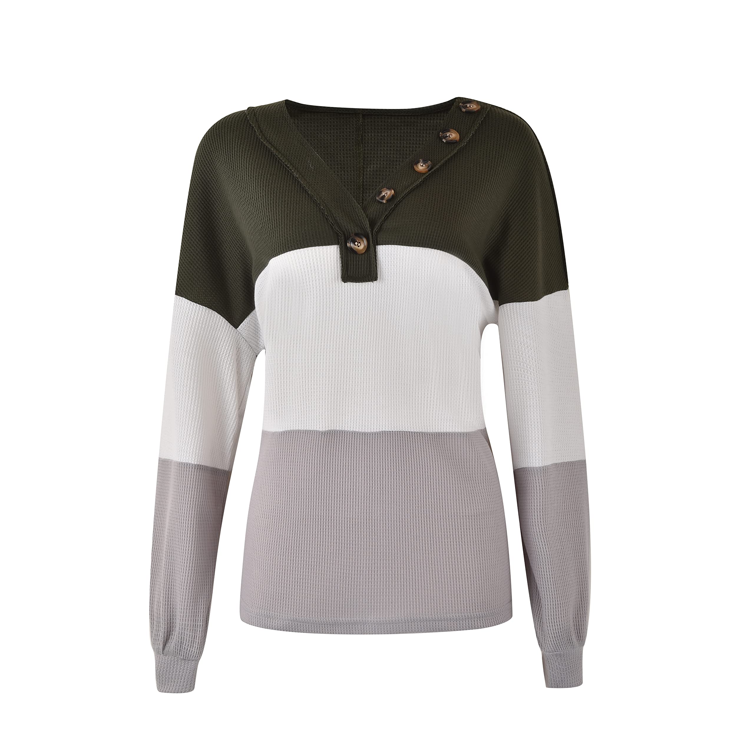 Stylish Women's Color Block Waffle Knit V-Neck Tunic Top - Loose Fit Long Sleeve Button Down Pullover Shirt for Casual Wear, Office & Fall Layering