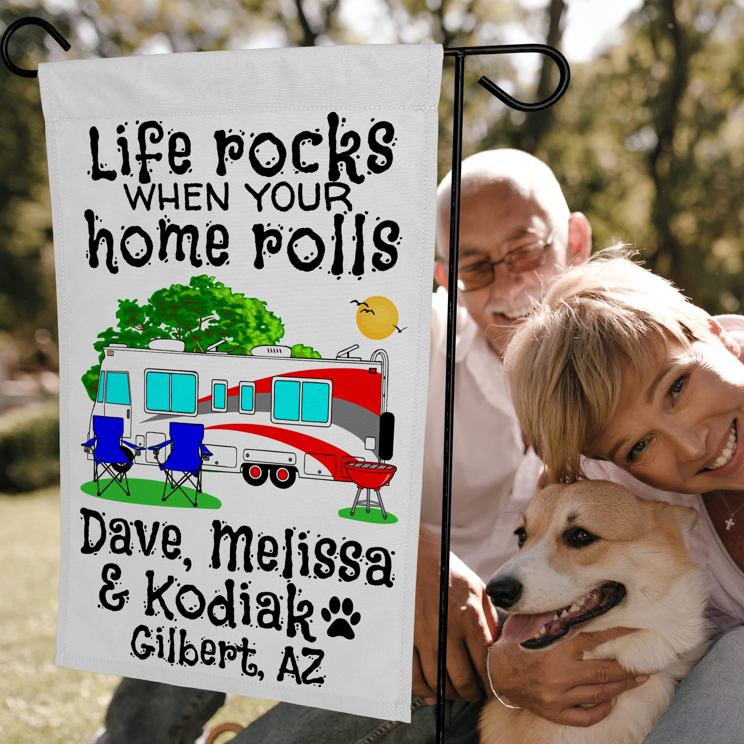 Custom Personalized Class A Motorhome Camp Flag - 3 Lines of Text, White Fabric with Red Design | Perfect for RV Camping, Tailgating & Outdoor Adventures