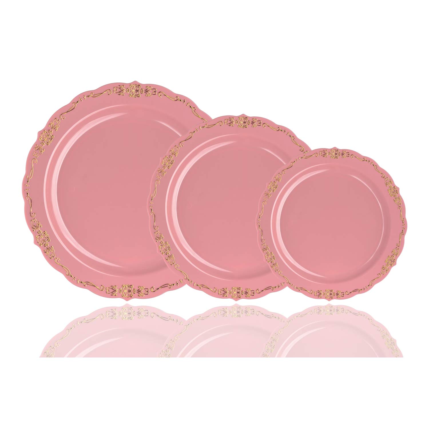 60 Pcs Elegant Disposable Plastic Plates - Victorian Style 9 Inch Pink & Gold China-Like Dinnerware for Wedding, Party, Bridal Shower & Special Occasions | Premium Quality Disposable Tableware for Elegant Events