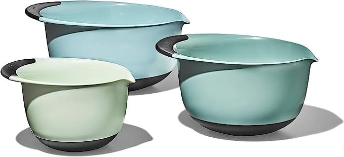 OXO 3-Piece Mixing Bowl Set - Non-Slip Nesting Bowls with Pour Spouts (Blue, Grey & Jade) for Baking, Meal Prep & Kitchen Organization
