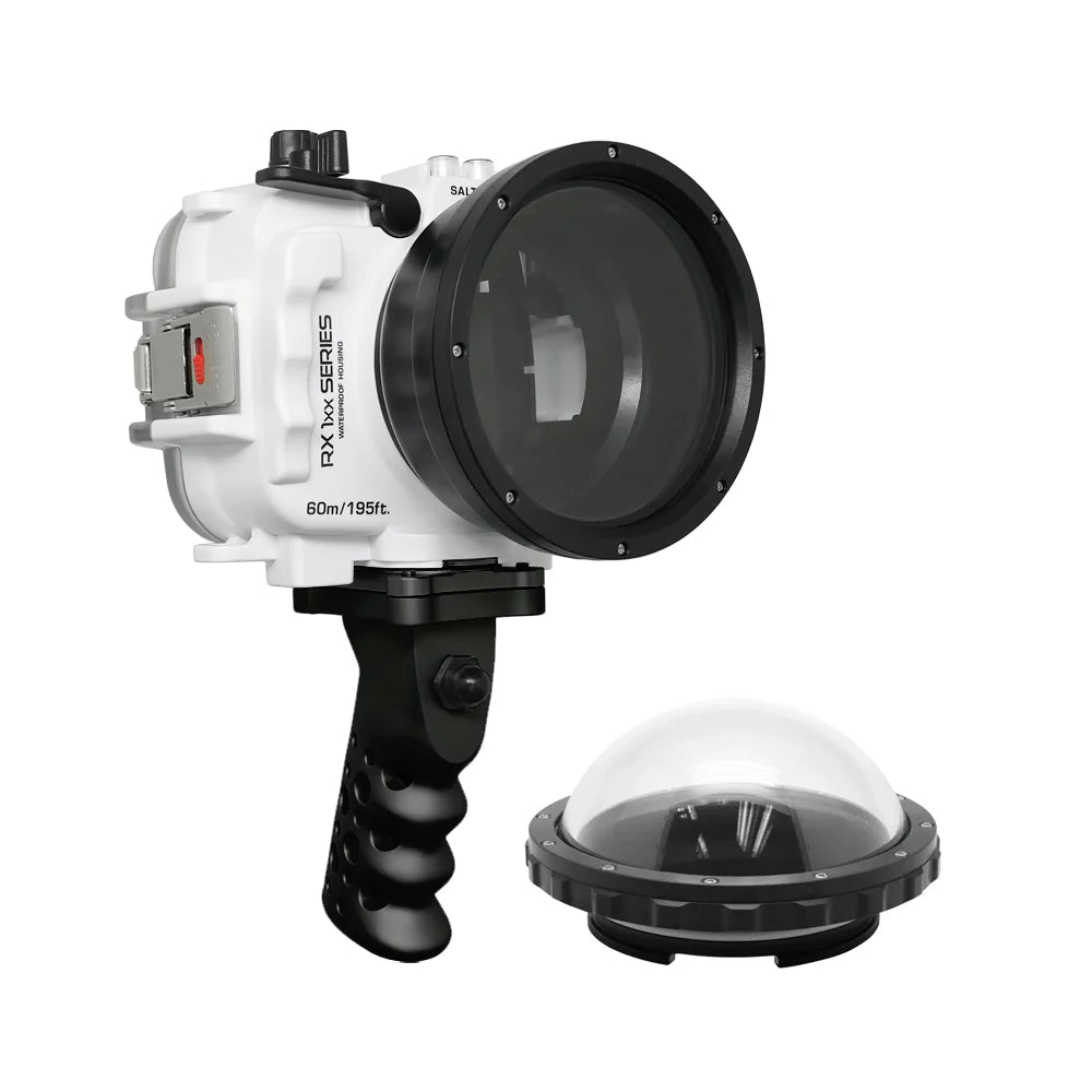 Waterproof Housing for Sony RX1xx Series - 60M/195FT Depth Rating, Aluminum Pistol Grip & 4 Dry Dome Port (White) | Ideal for Underwater Photography, Scuba Diving, and Marine Exploration