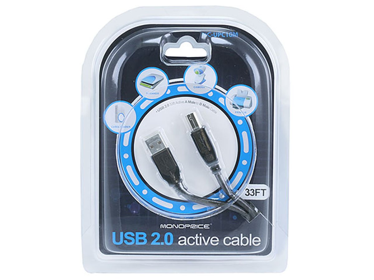 Monoprice 33ft USB 2.0 Printer Scanner Cable (A Male to B Male) - 10M Active Extension Cord for HP, Canon, Epson, Dell, Samsung Printers - Compatible with PC & Mac - Perfect for Office, Home & Commercial Printing Setup