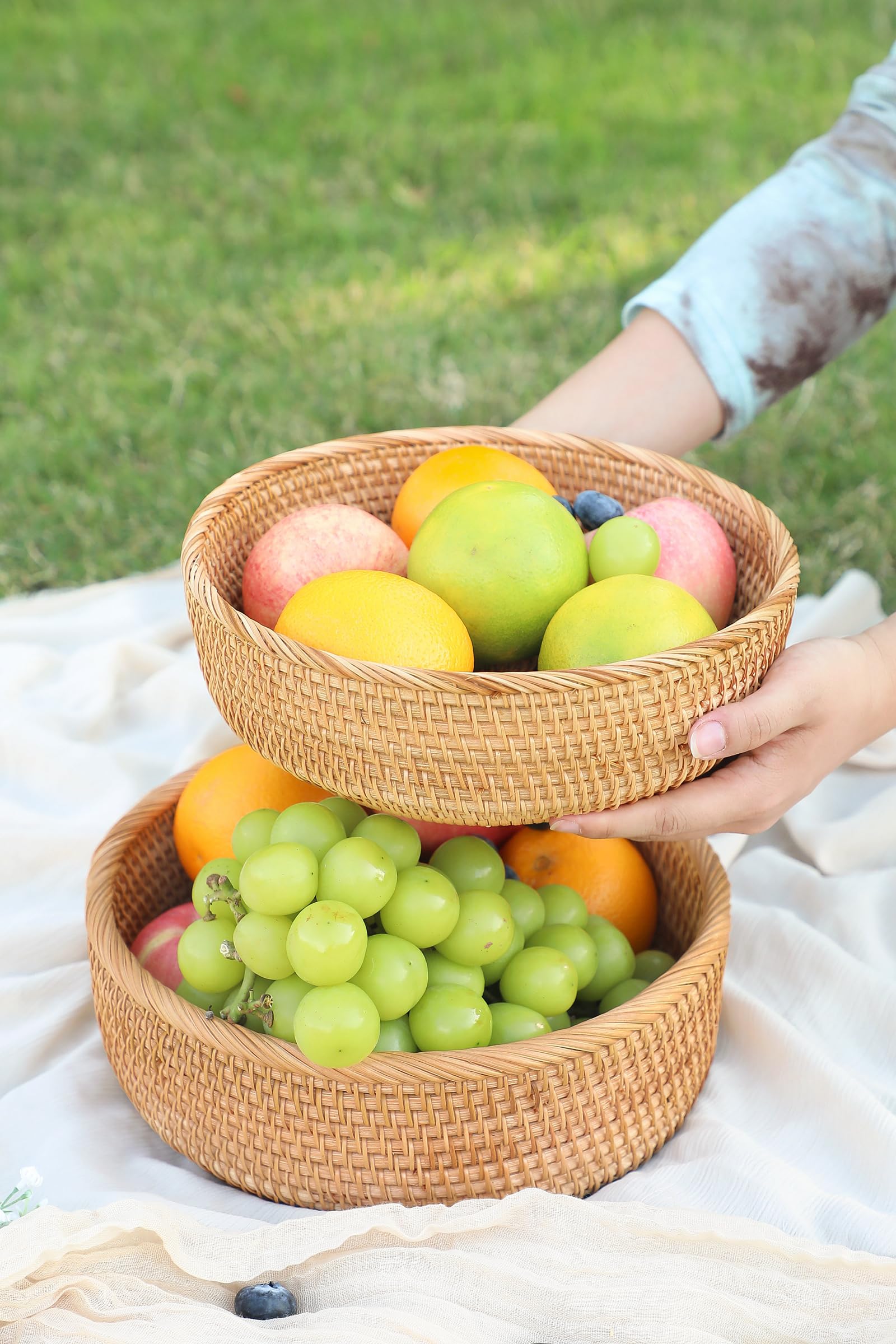 Handmade Rattan Bread Basket Set of 3 - Round Woven Wicker Fruit Serving Bowls for Kitchen Storage & Counter Organization | Natural Honey Brown Decorative Basket | Perfect for Bread Display, Fruit Serving, Pantry Storage & Home Decor