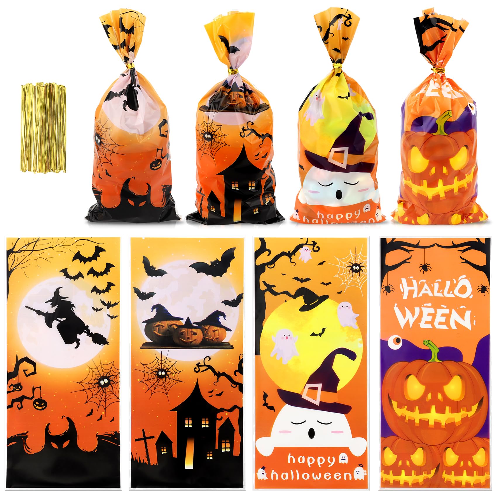 Halloween Treat Bags 100 Pack - Premium Cellophane Candy Bags with Twist Ties for Trick or Treat, Halloween Party Favors, Holiday Gifts & Goodie Bags - Perfect for Classroom Treats, Neighborhood Halloween Events & Candy Distribution